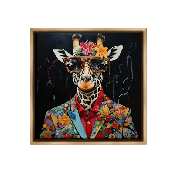 Stupell Industries Giraffe in Floral Suit Animals & Insects Painting Brown Floater Framed Canvas Art Print Wall Art, 18 x 18