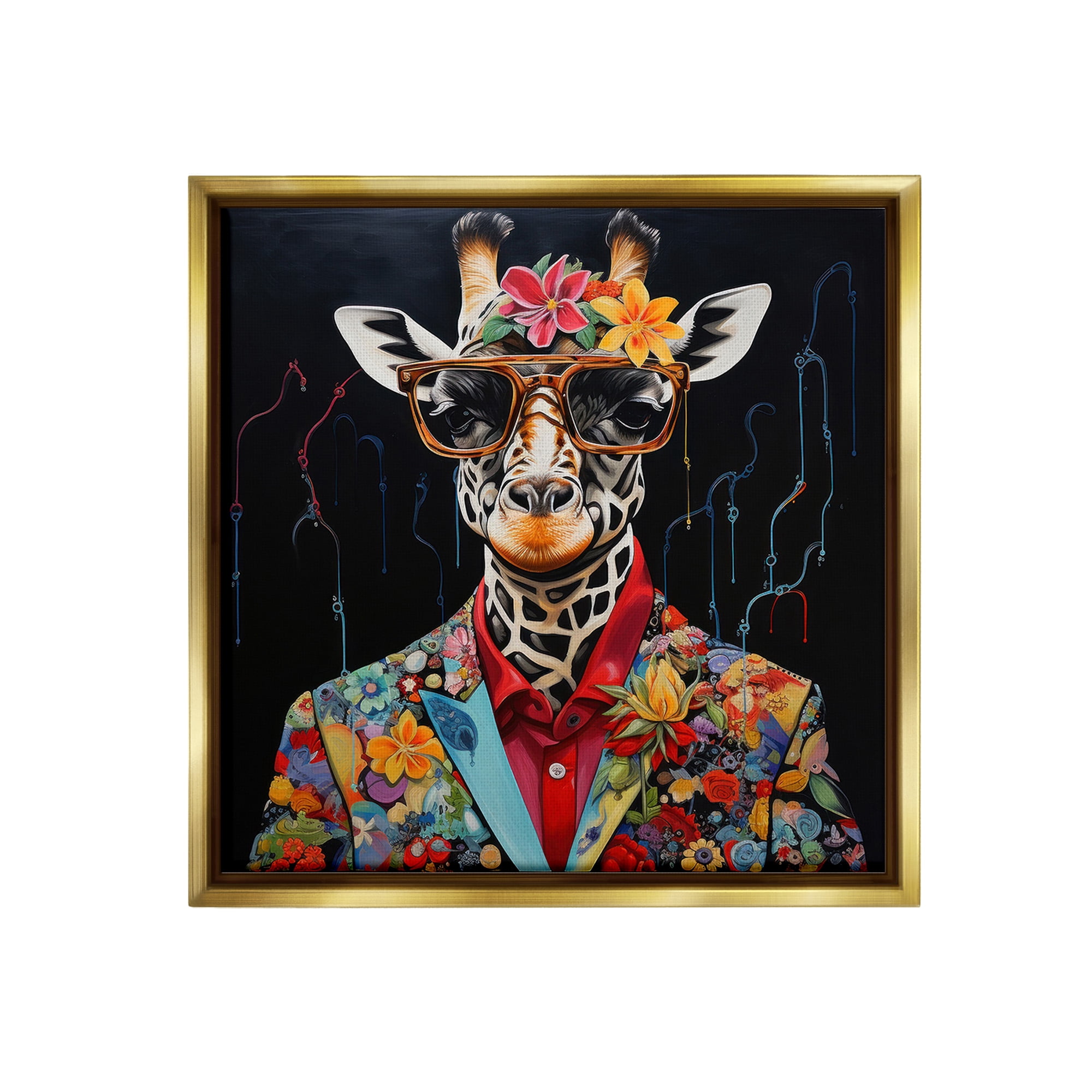 Stupell Industries Giraffe in Floral Suit Animals & Insects Painting Gold Floater Framed Canvas Art Print Wall Art, 25 x 25