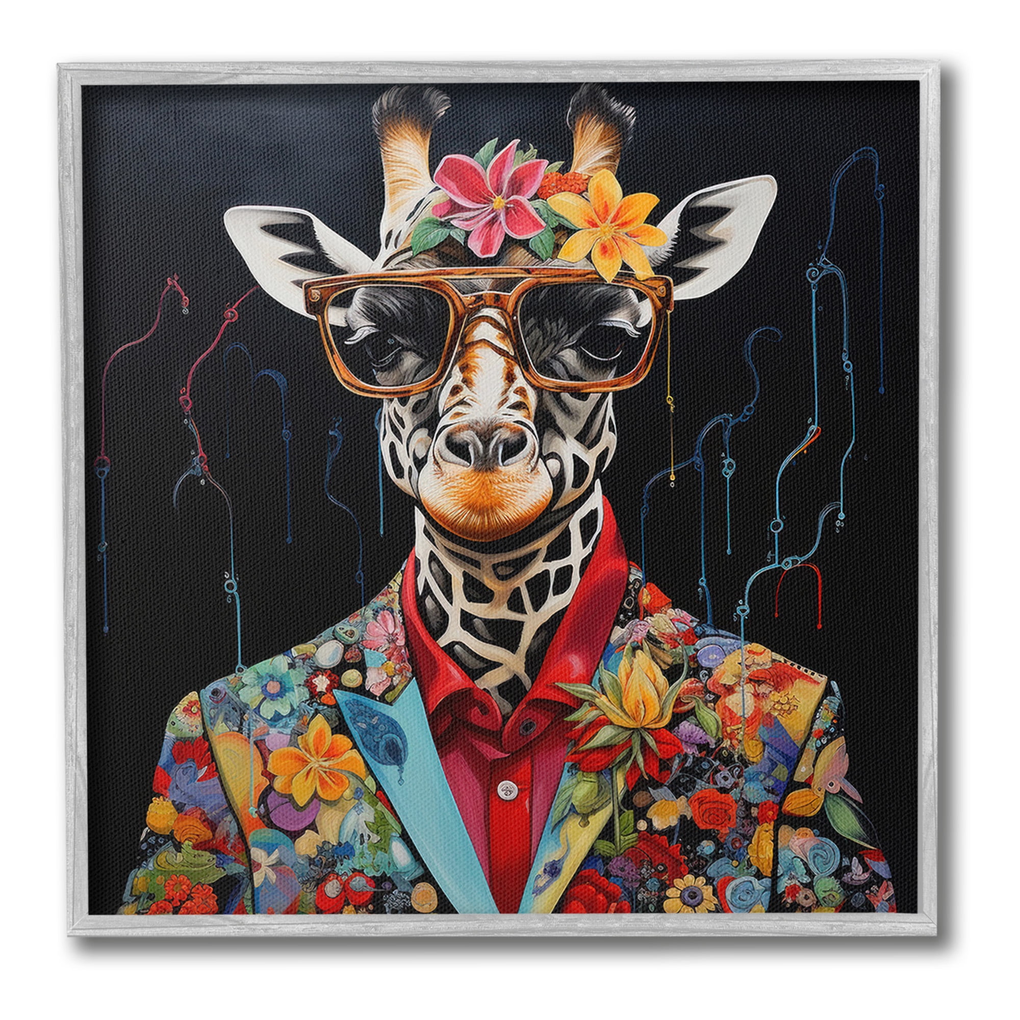 Stupell Industries Giraffe in Floral Suit Animals & Insects Painting Gray Framed Art Print Wall Art, 12 x 12
