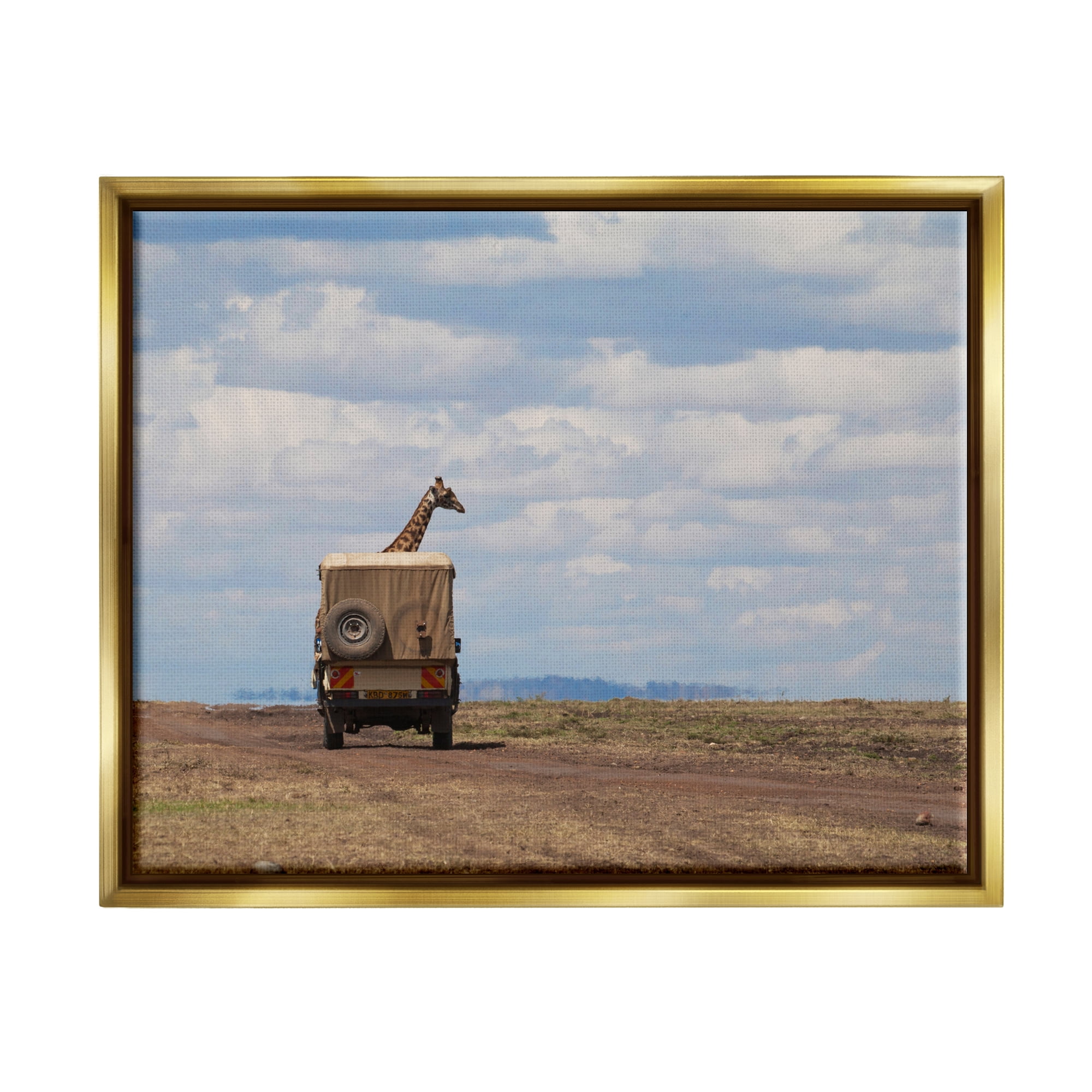 Stupell Industries Giraffe in Safari Vehicle Animals & Insects Photography Gold Floater Framed Canvas Art Print Wall Art, 31 x 25