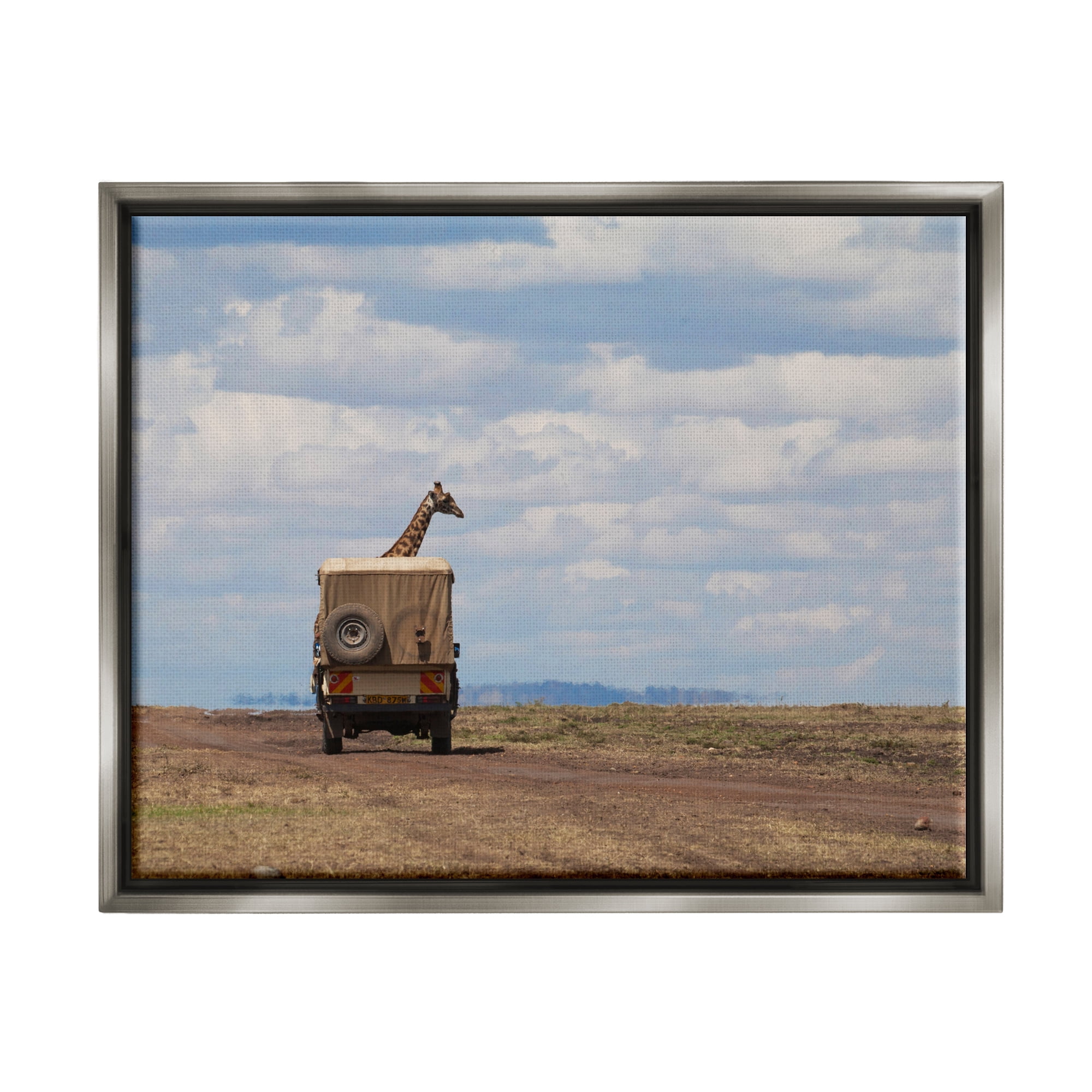 Stupell Industries Giraffe in Safari Vehicle Animals & Insects Photography Gray Floater Framed Canvas Art Print Wall Art, 31 x 25