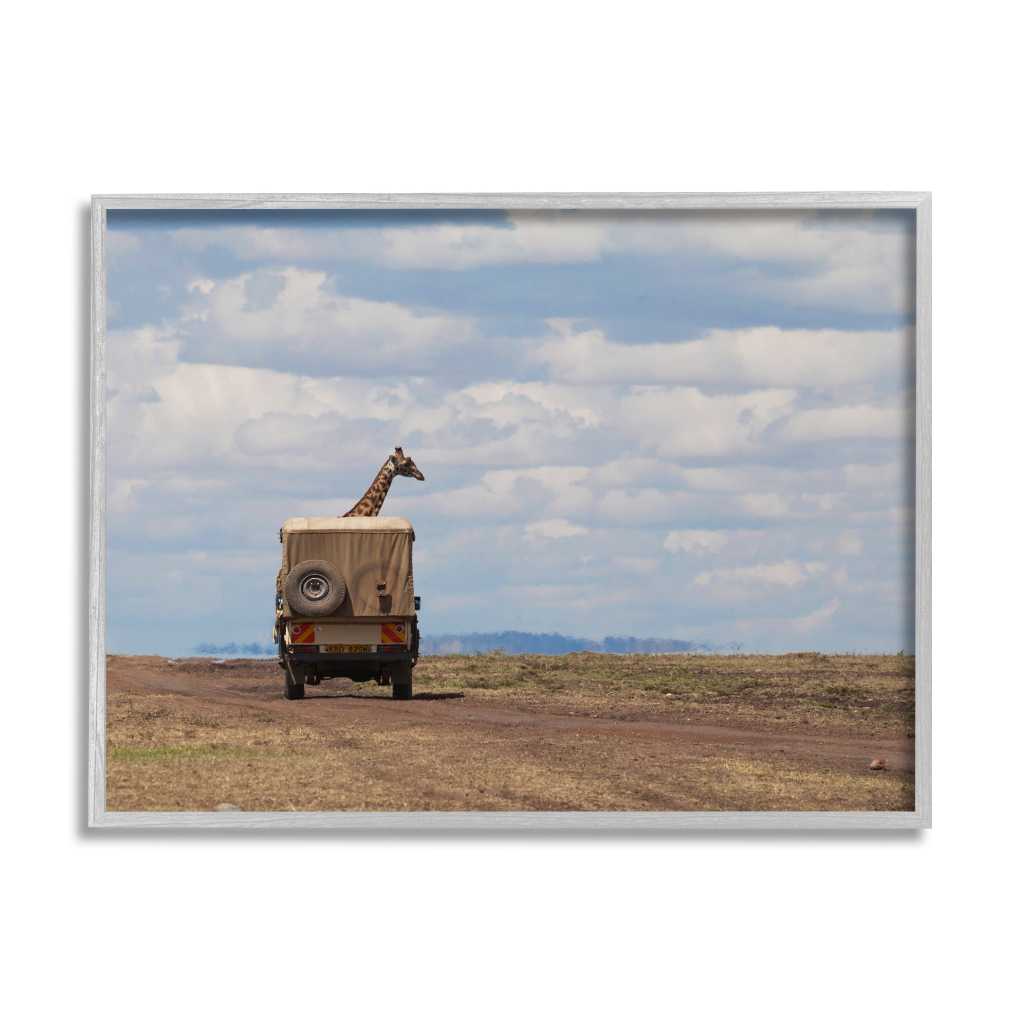 Stupell Industries Giraffe in Safari Vehicle Animals & Insects Photography Gray Framed Art Print Wall Art, 14 x 11
