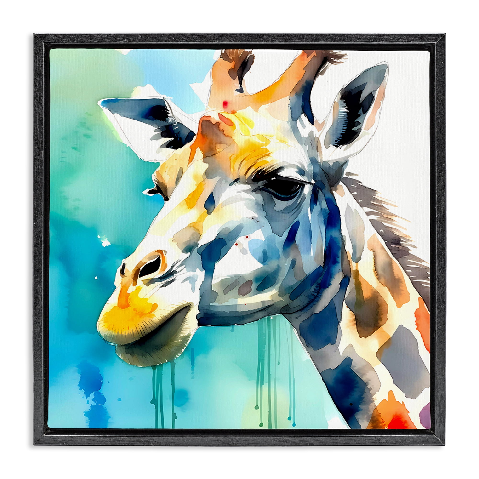 Stupell Industries Giraffe with Blue Splash Animals & Insects Painting Black Floater Framed Canvas Art Print Wall Art, 25 x 25