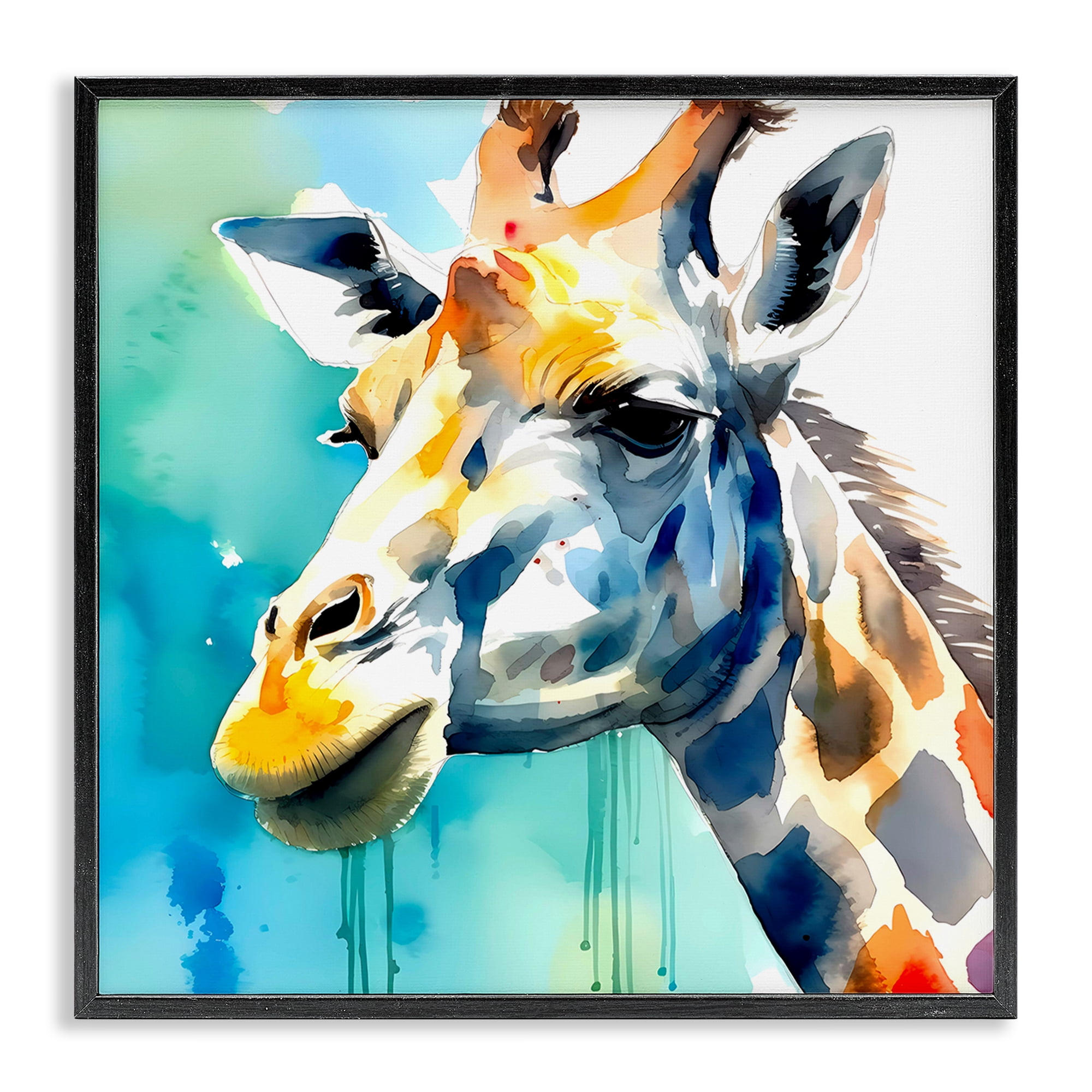 Stupell Industries Giraffe with Blue Splash Animals & Insects Painting Black Framed Art Print Wall Art, 17 x 17