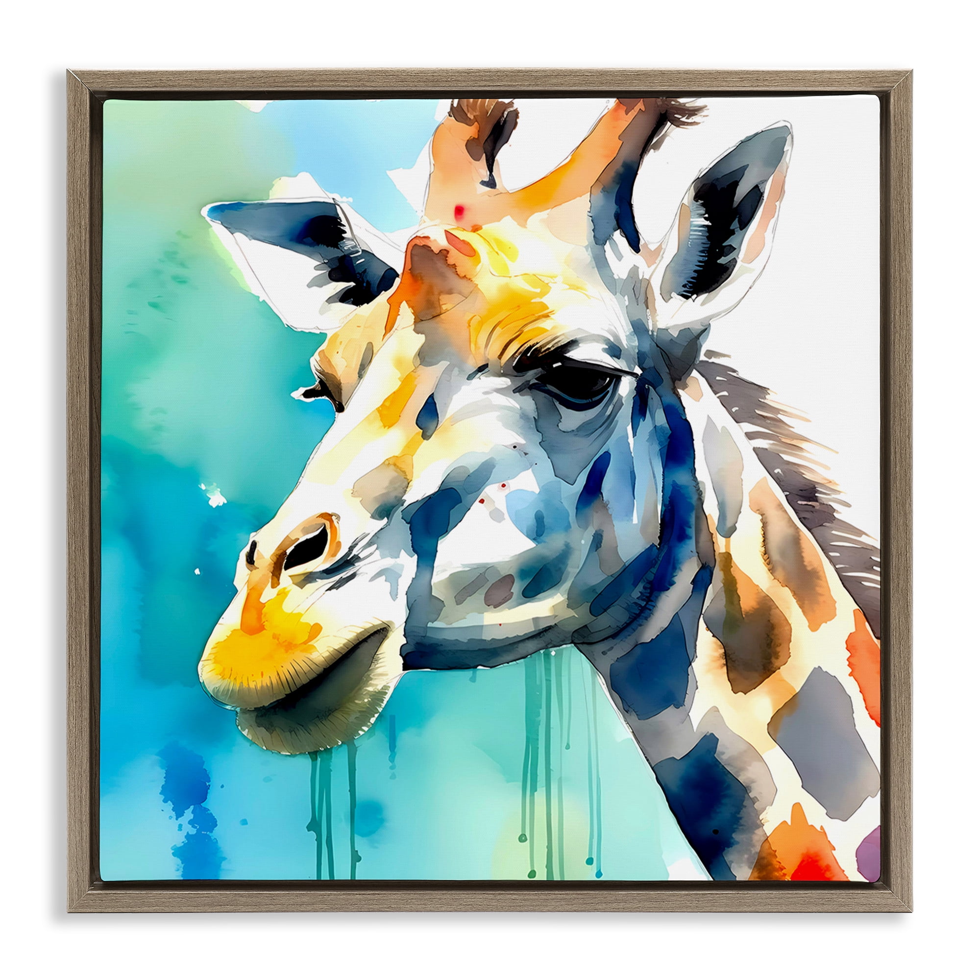 Stupell Industries Giraffe with Blue Splash Animals & Insects Painting Brown Floater Framed Canvas Art Print Wall Art, 18 x 18