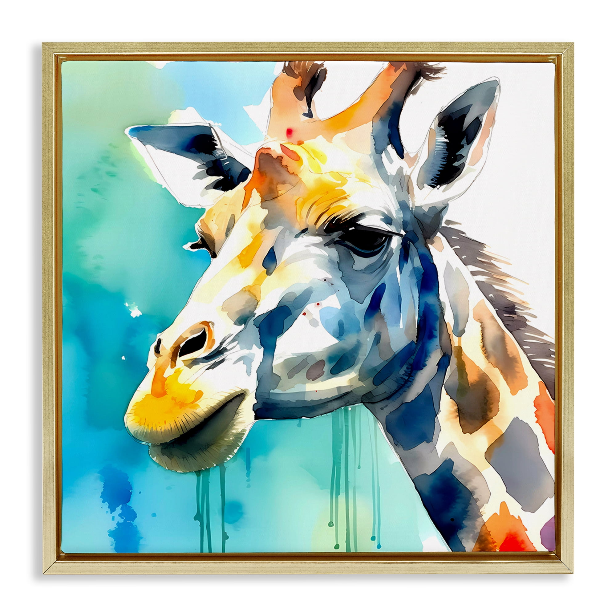 Stupell Industries Giraffe with Blue Splash Animals & Insects Painting Gold Floater Framed Canvas Art Print Wall Art, 18 x 18