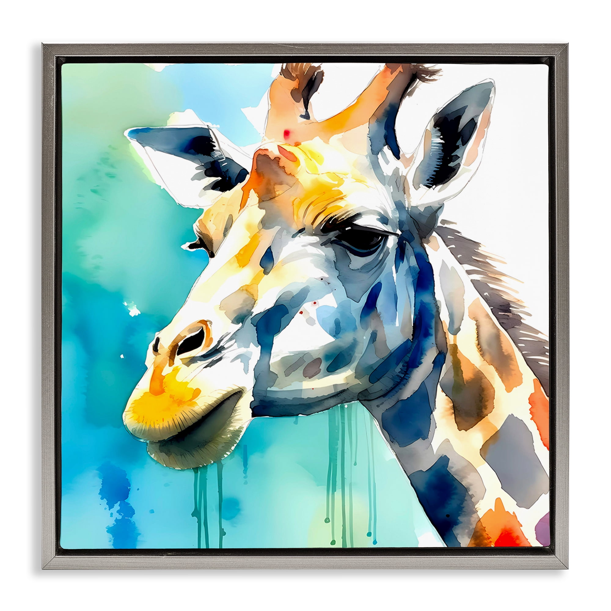 Stupell Industries Giraffe with Blue Splash Animals & Insects Painting Gray Floater Framed Canvas Art Print Wall Art, 18 x 18