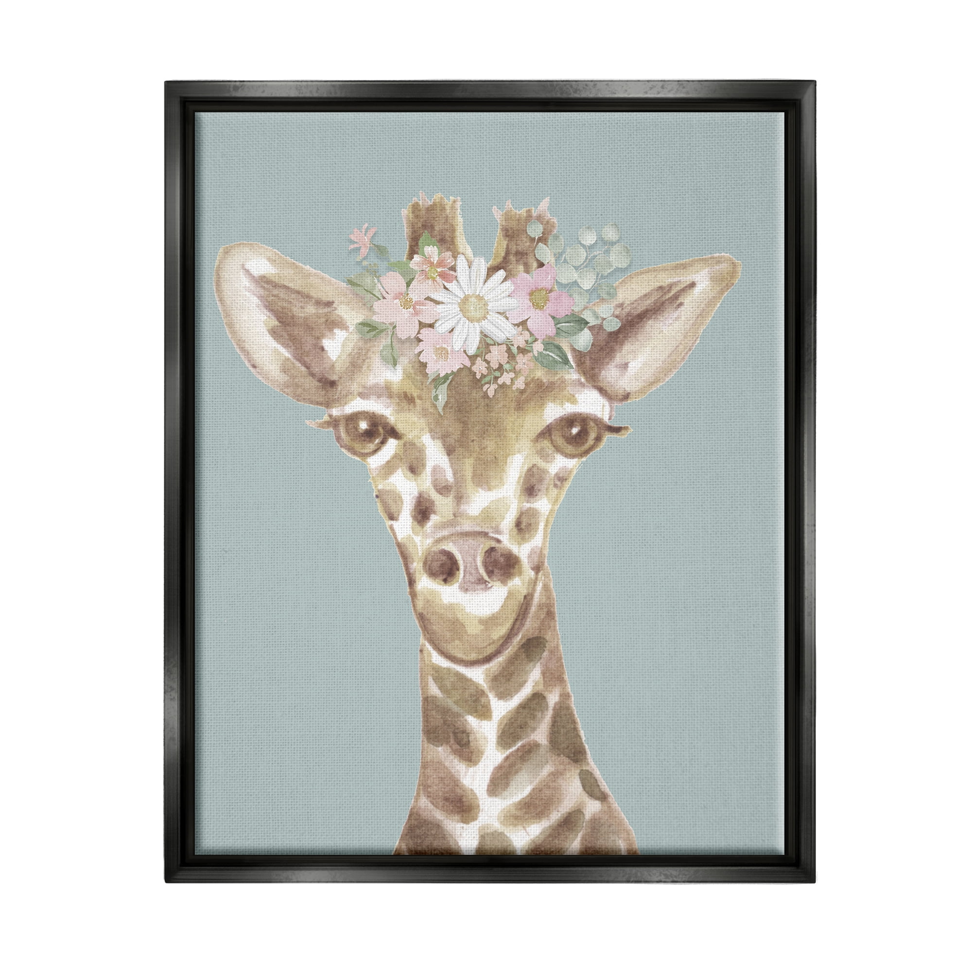 Stupell Industries Giraffe with Flower Garland Animals & Insects Painting Black Floater Framed Art Print Wall Art, 17 x 21