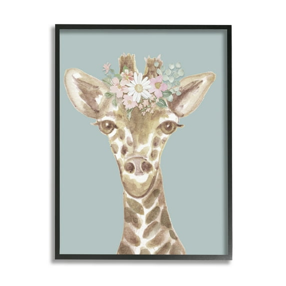 Stupell Industries Giraffe with Flower Garland Animals & Insects Painting Black Framed Art Print Wall Art, 11 x 14