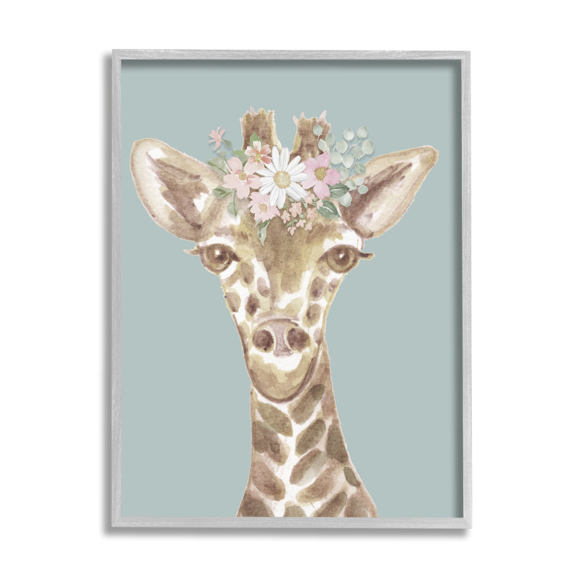 Stupell Industries Giraffe with Flower Garland Animals & Insects Painting Gray Framed Art Print Wall Art, 11 x 14