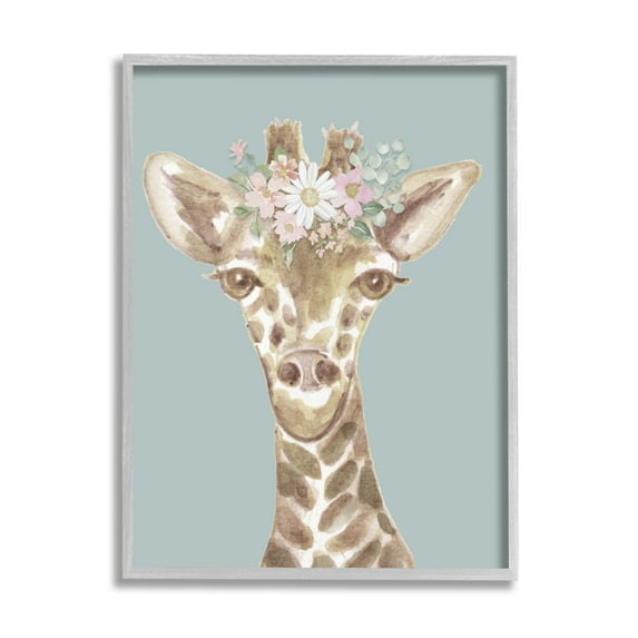 Stupell Industries Giraffe with Flower Garland Animals & Insects Painting Gray Framed Art Print Wall Art, 16 x 20