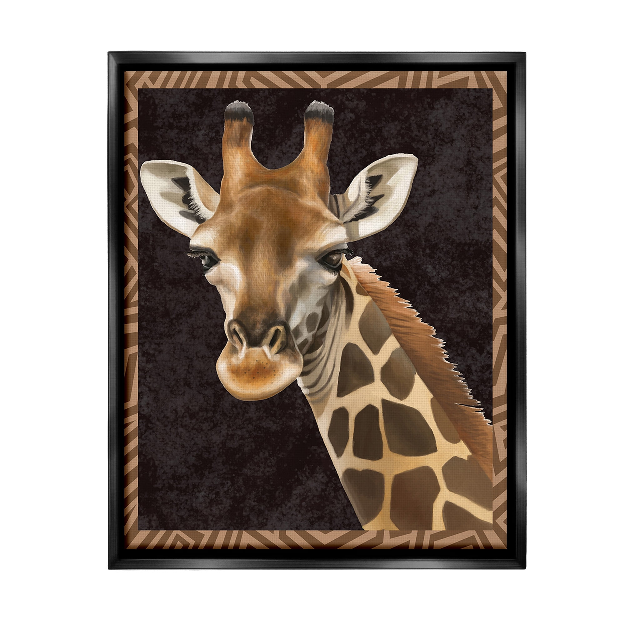 Stupell Industries Giraffe with Geometric Border Animals & Insects Painting Black Floater Framed Canvas Art Print Wall Art, 17 x 21