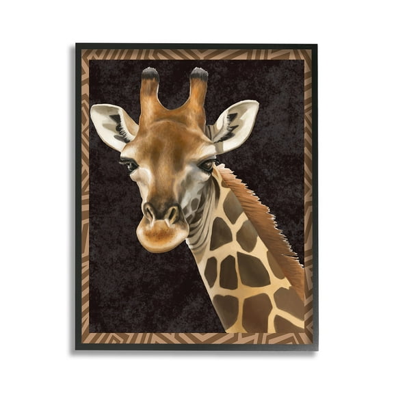 Stupell Industries Giraffe with Geometric Border Animals & Insects Painting Black Framed Art Print Wall Art, 11 x 14