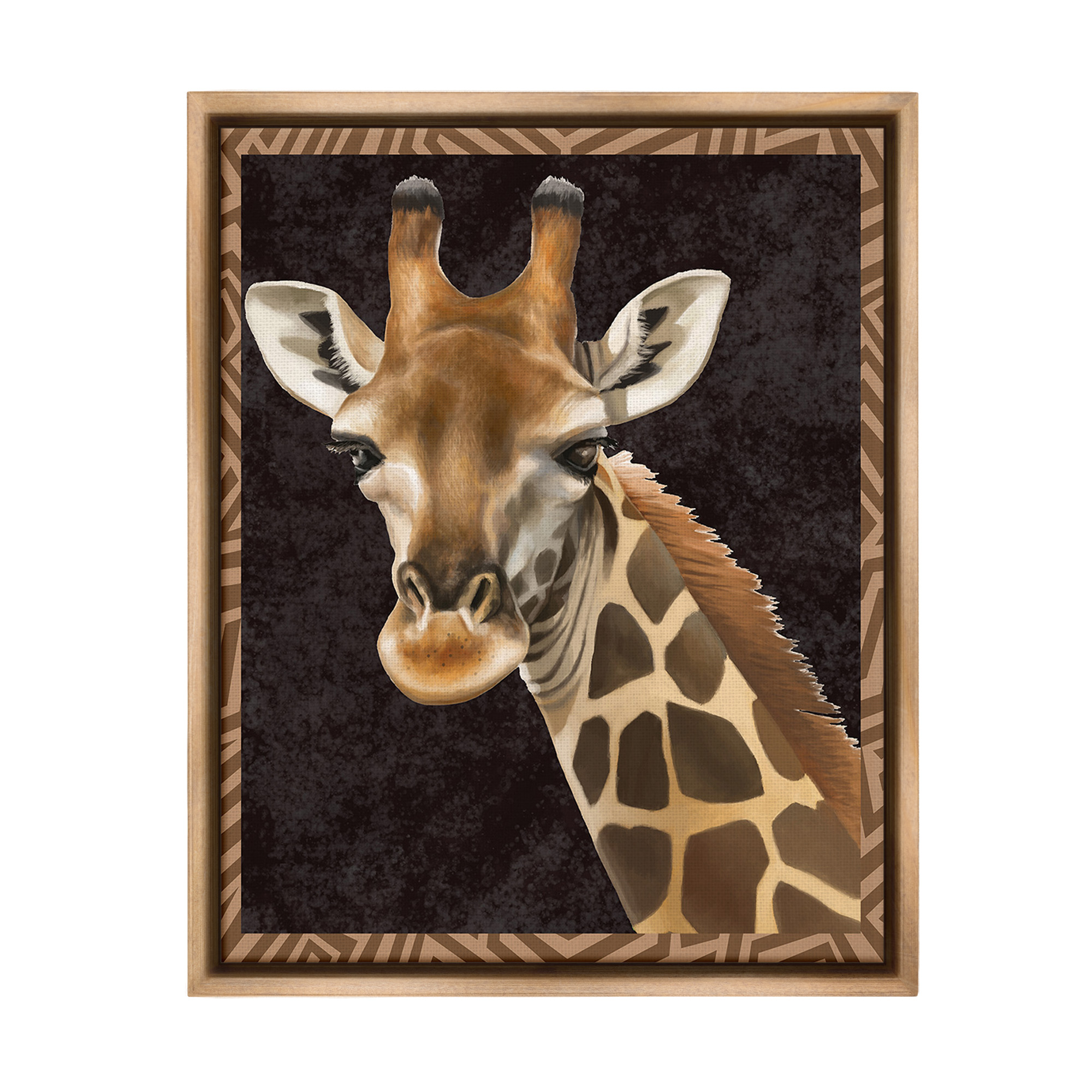 Stupell Industries Giraffe with Geometric Border Animals & Insects Painting Brown Floater Framed Canvas Art Print Wall Art, 25 x 31