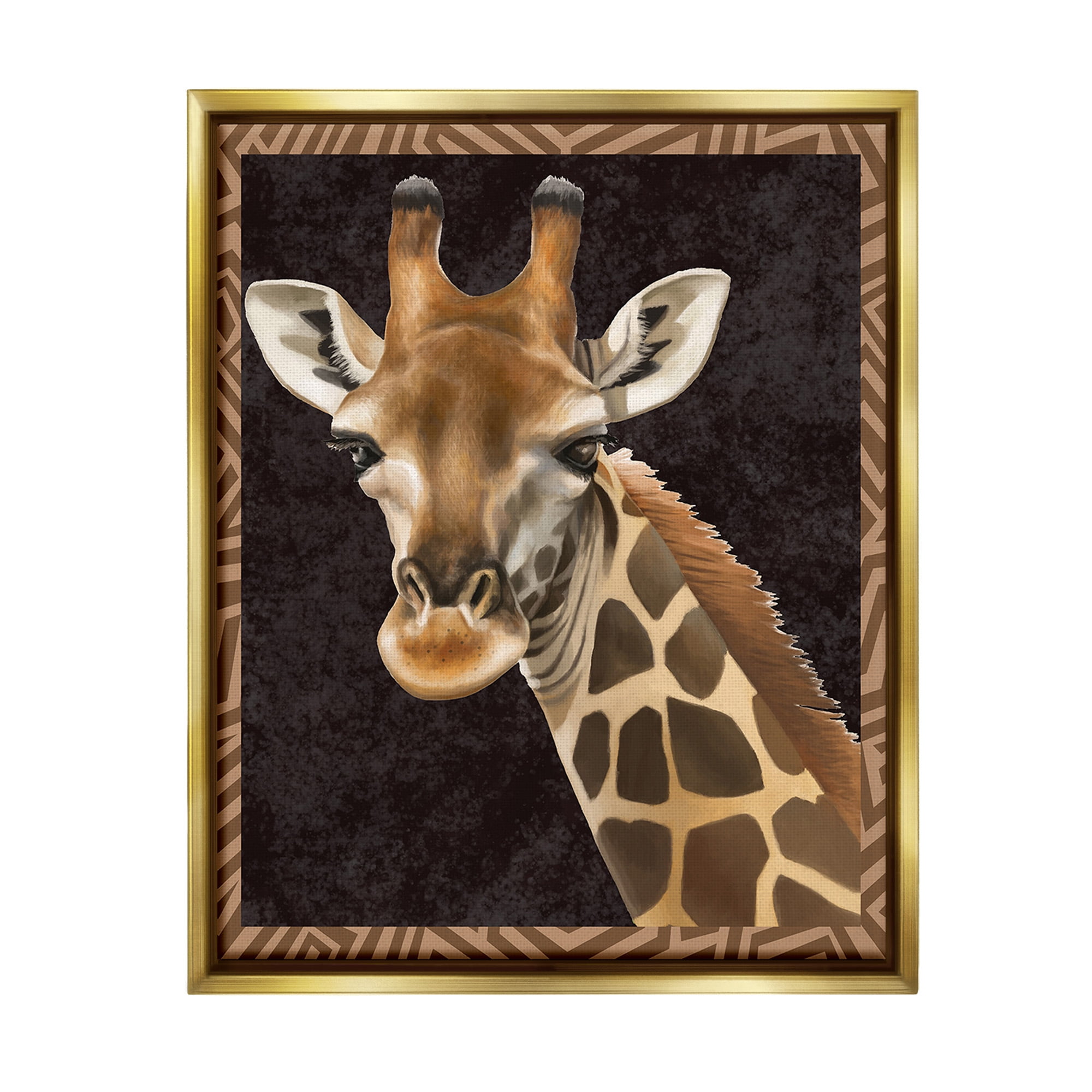 Stupell Industries Giraffe with Geometric Border Animals & Insects Painting Gold Floater Framed Canvas Art Print Wall Art, 25 x 31