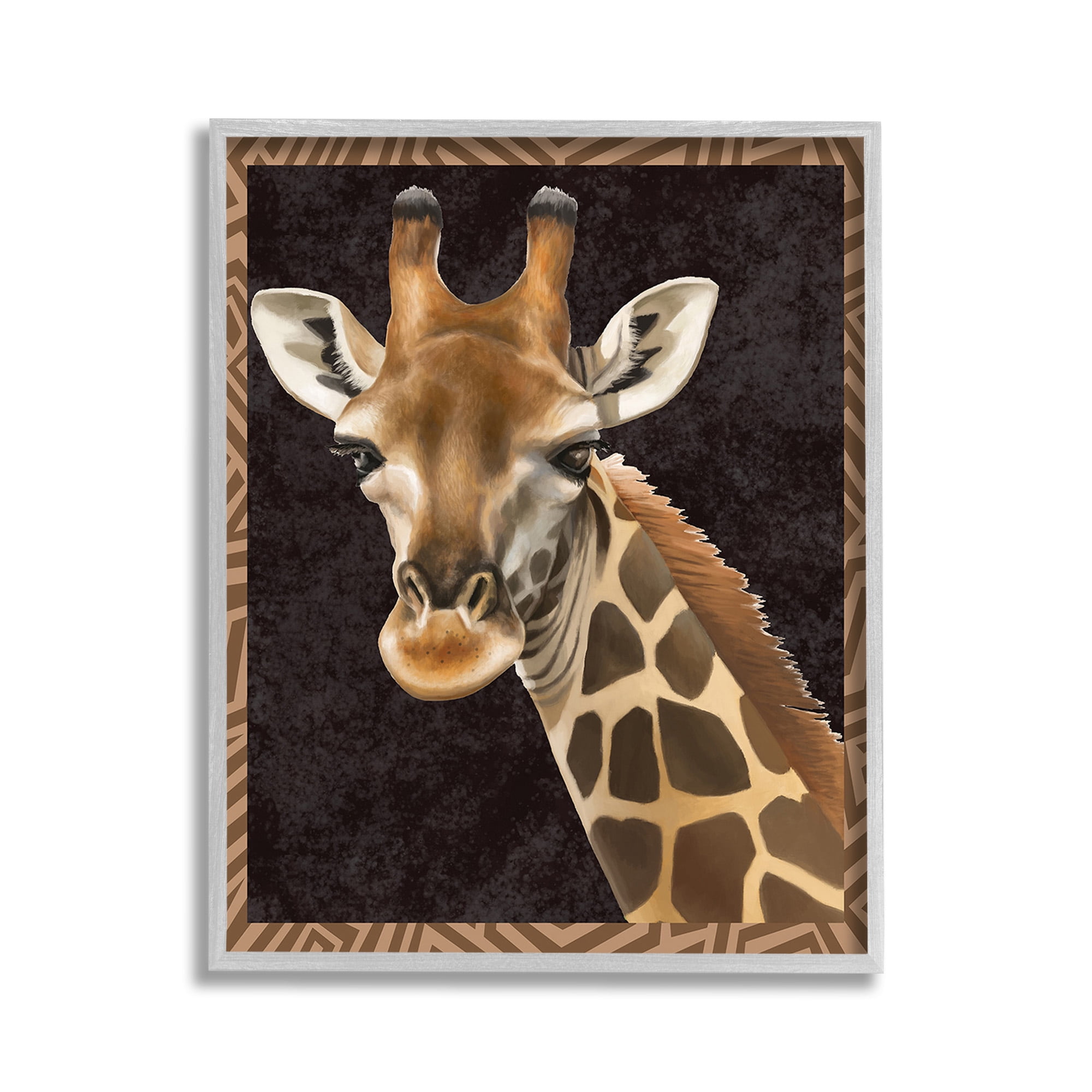 Stupell Industries Giraffe with Geometric Border Animals & Insects Painting Gray Framed Art Print Wall Art, 11 x 14
