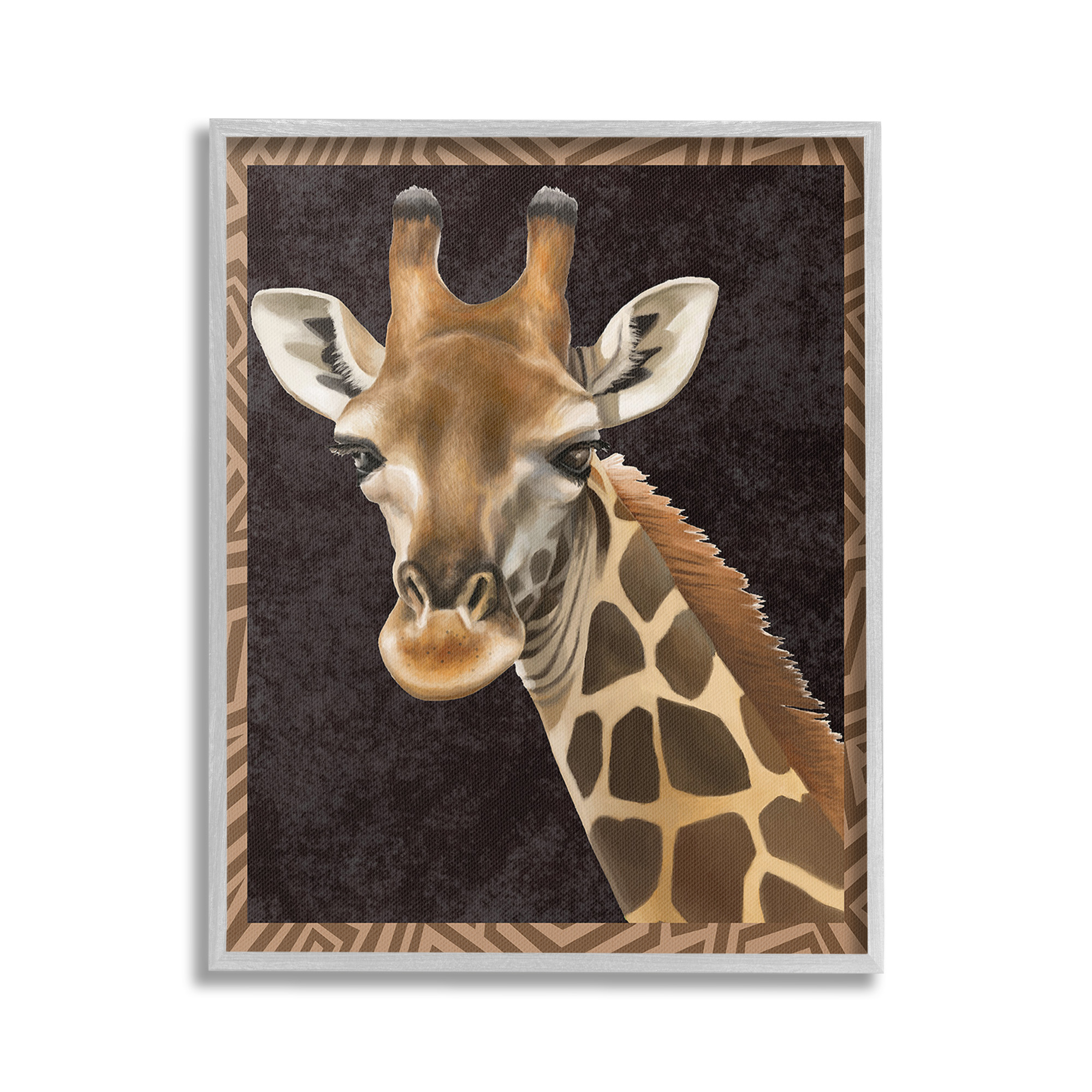 Stupell Industries Giraffe with Geometric Border Animals & Insects Painting Gray Framed Art Print Wall Art, 24 x 30