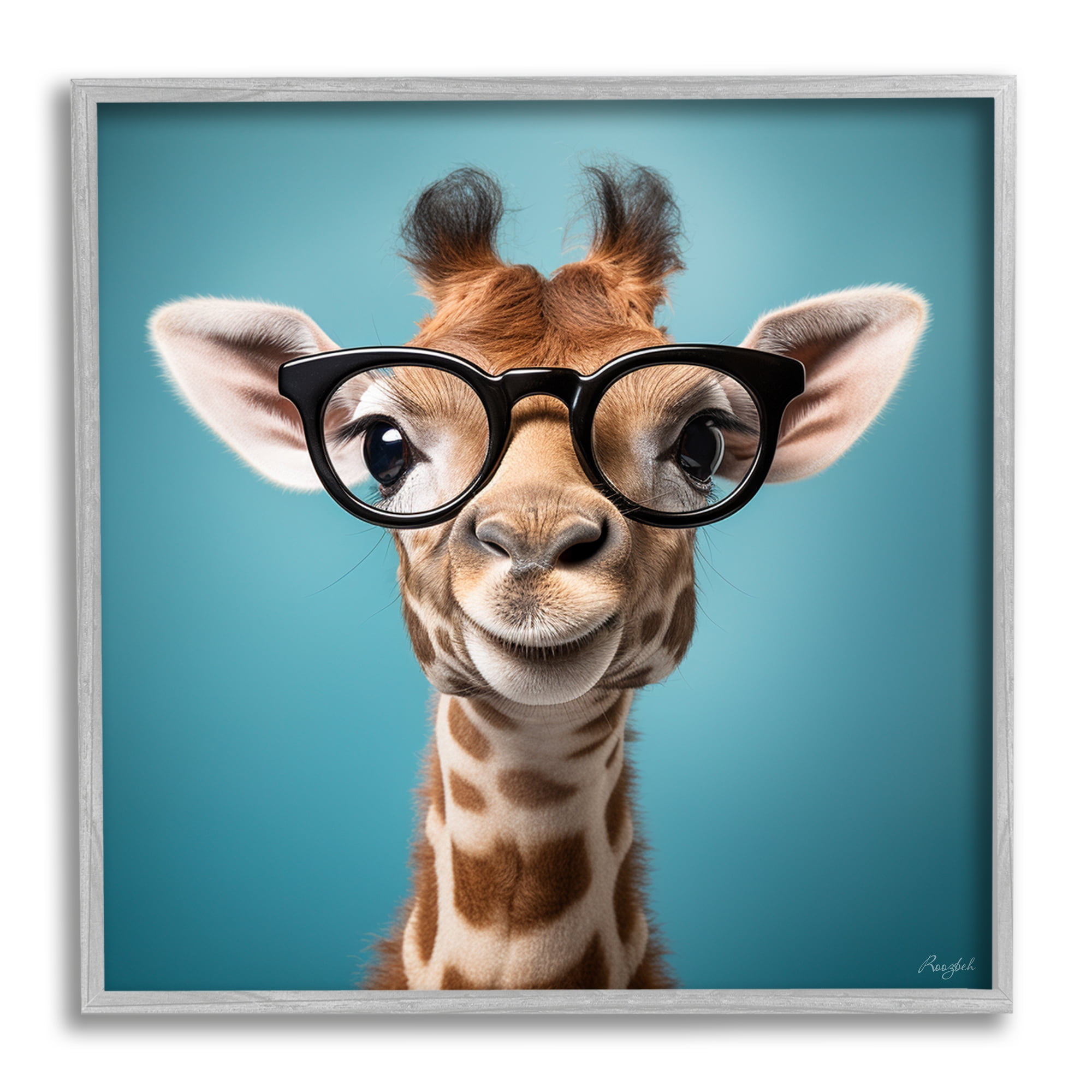Stupell Industries Giraffe with Glasses Animals & Insects Painting Gray Framed Art Print Wall Art, 17 x 17