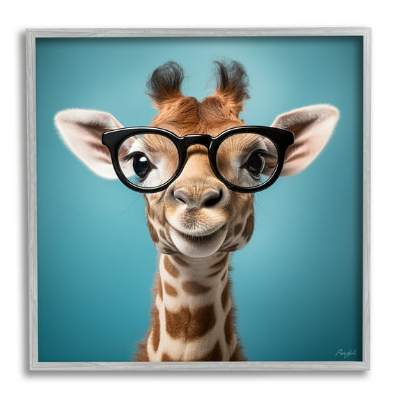 Stupell Industries Giraffe with Glasses Animals & Insects Painting Gray Framed Art Print Wall Art, 24 x 24