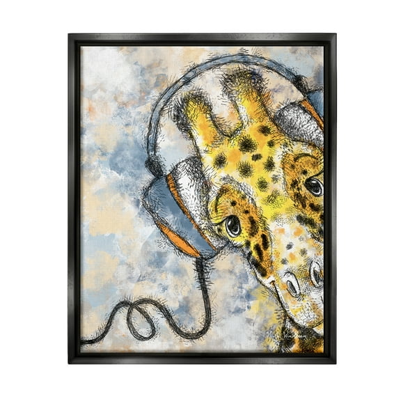 Stupell Industries Giraffe with Headphones Animals & Insects Painting Black Floater Framed Art Print Wall Art, 17 x 21