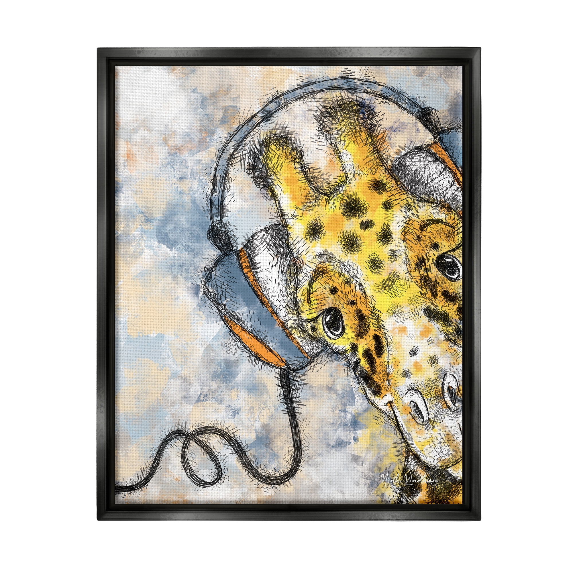 Stupell Industries Giraffe with Headphones Animals & Insects Painting Black Floater Framed Art Print Wall Art, 25 x 31