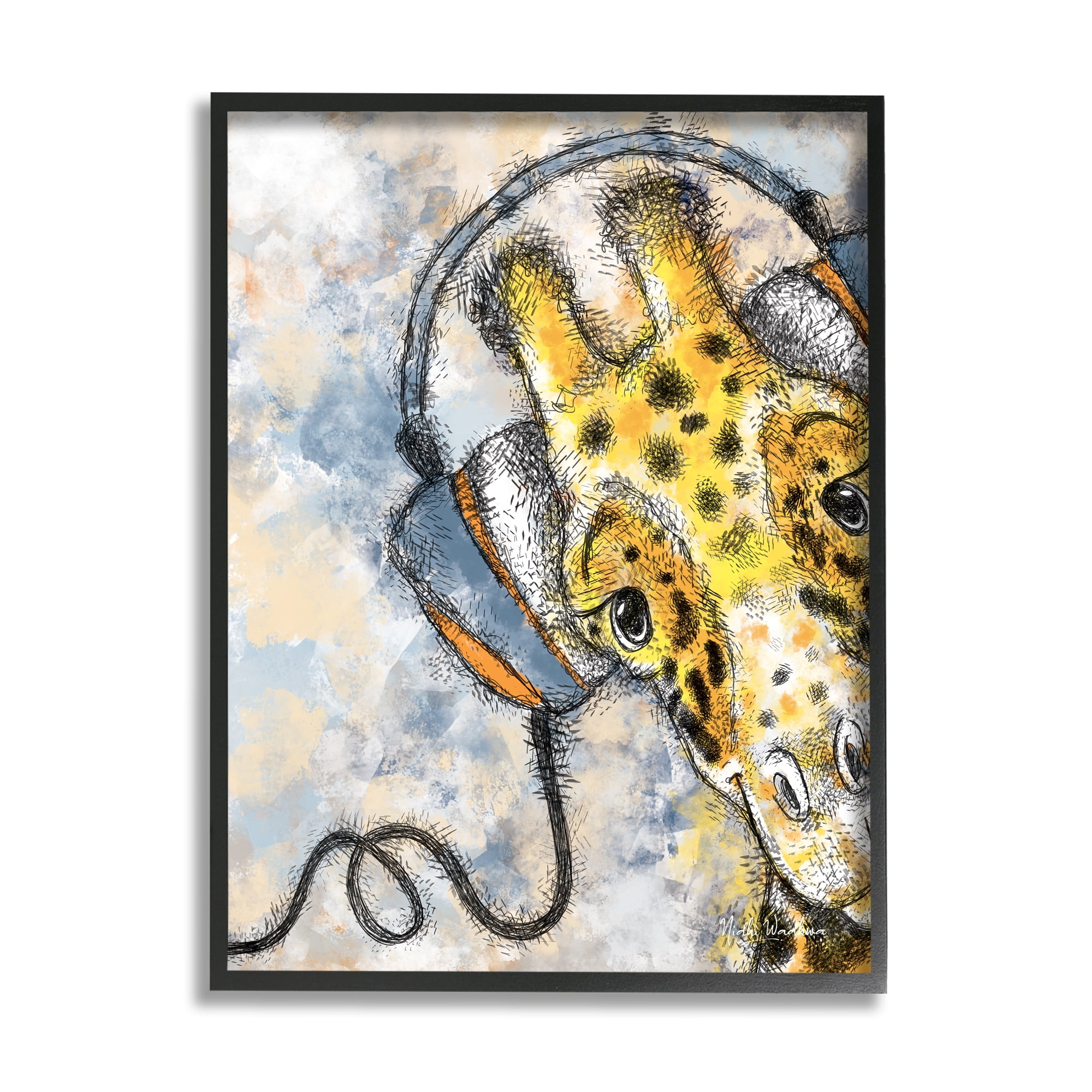 Stupell Industries Giraffe with Headphones Animals & Insects Painting Black Framed Art Print Wall Art, 16 x 20