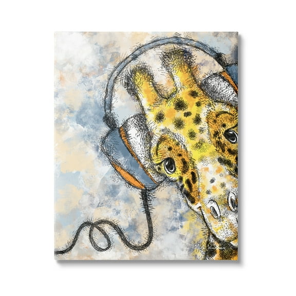 Stupell Industries Giraffe with Headphones Animals & Insects Painting Gallery Wrapped Canvas Print Wall Art, 16 x 20