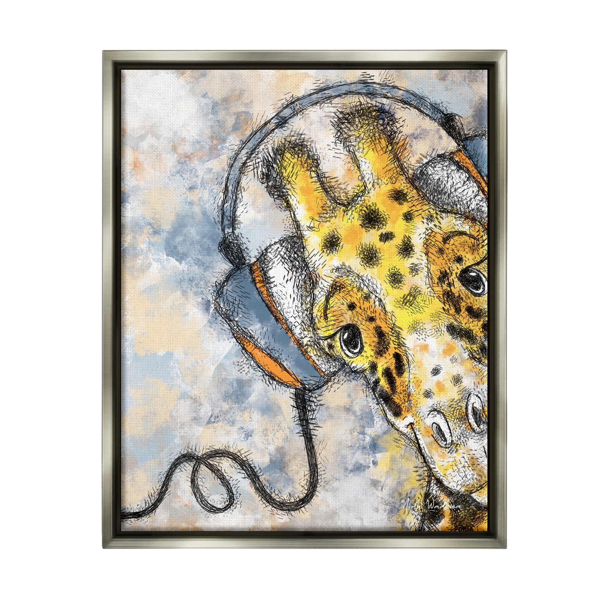 Stupell Industries Giraffe with Headphones Animals & Insects Painting Gray Floater Framed Art Print Wall Art, 25 x 31