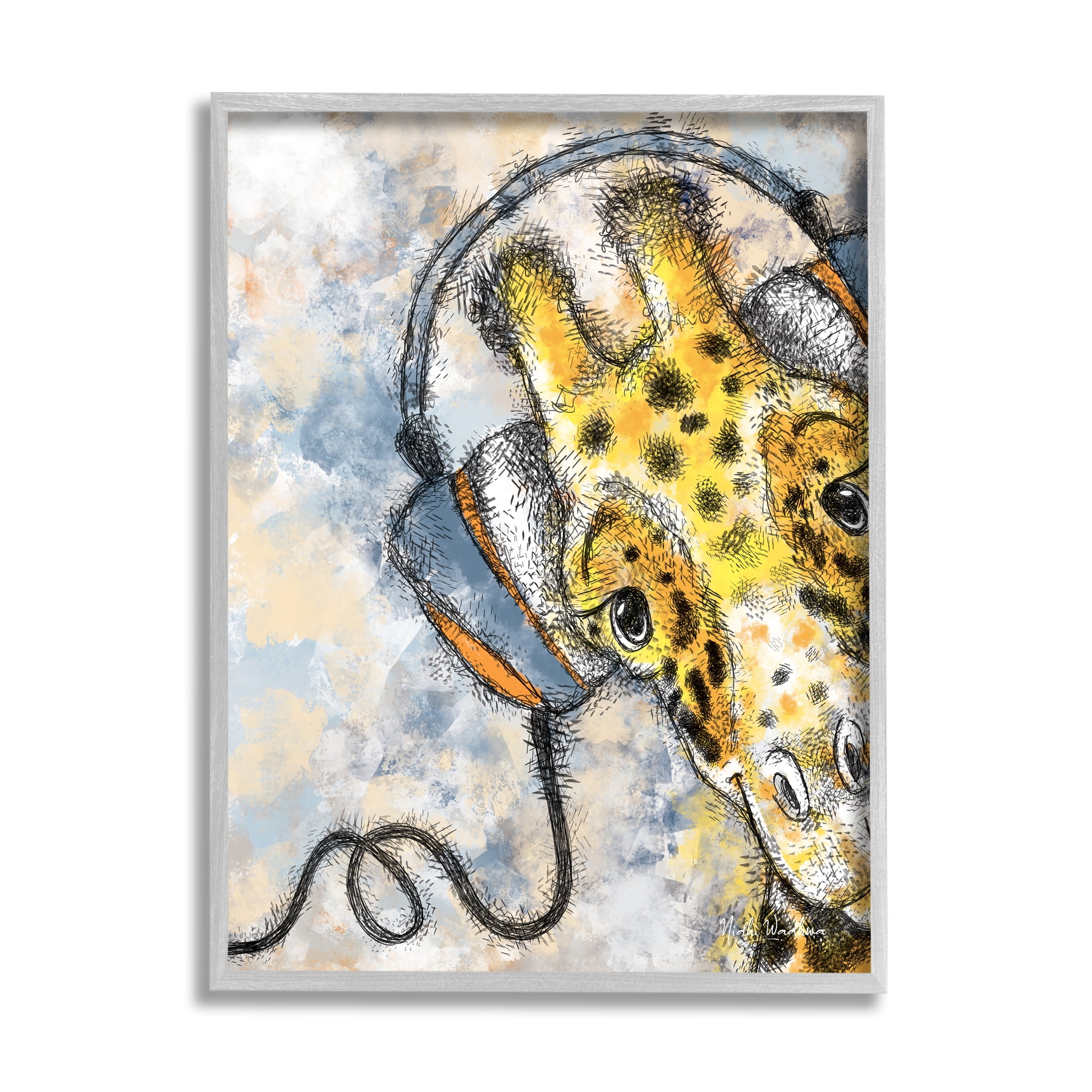 Stupell Industries Giraffe with Headphones Animals & Insects Painting Gray Framed Art Print Wall Art, 24 x 30