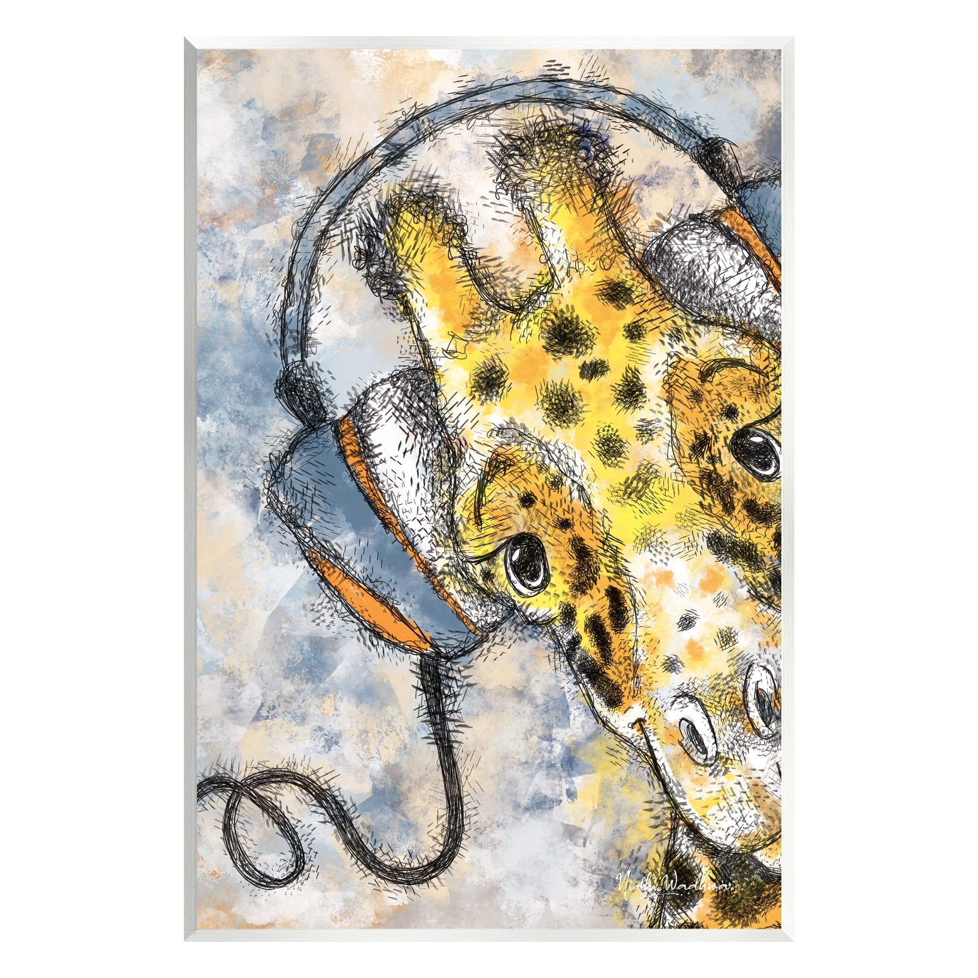Stupell Industries Giraffe with Headphones Animals & Insects Painting Unframed Art Print Wall Art, 13 x 19
