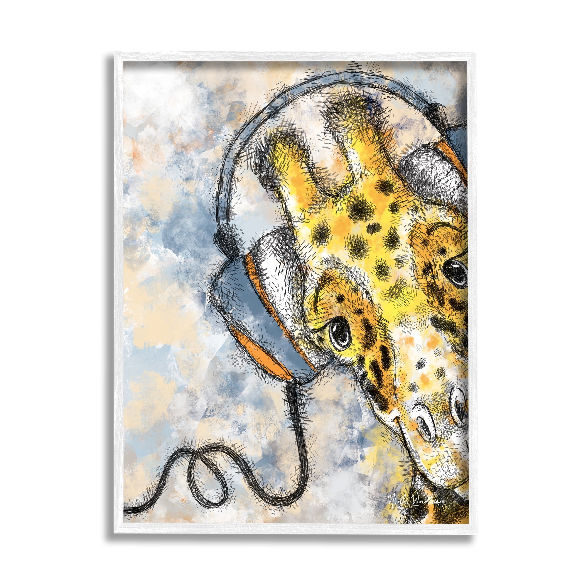 Stupell Industries Giraffe with Headphones Animals & Insects Painting White Framed Art Print Wall Art, 24 x 30