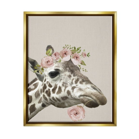 Stupell Industries Giraffe with Rose Crown Animals & Insects Painting Gold Floater Framed Canvas Art Print Wall Art, 17 x 21