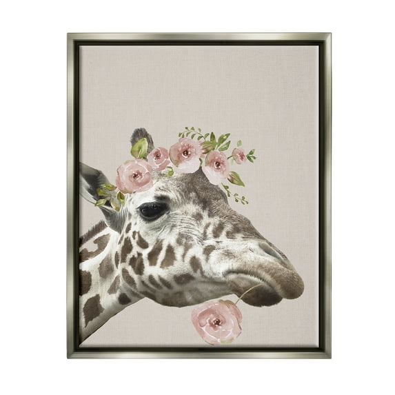 Stupell Industries Giraffe with Rose Crown Animals & Insects Painting Gray Floater Framed Canvas Art Print Wall Art, 17 x 21