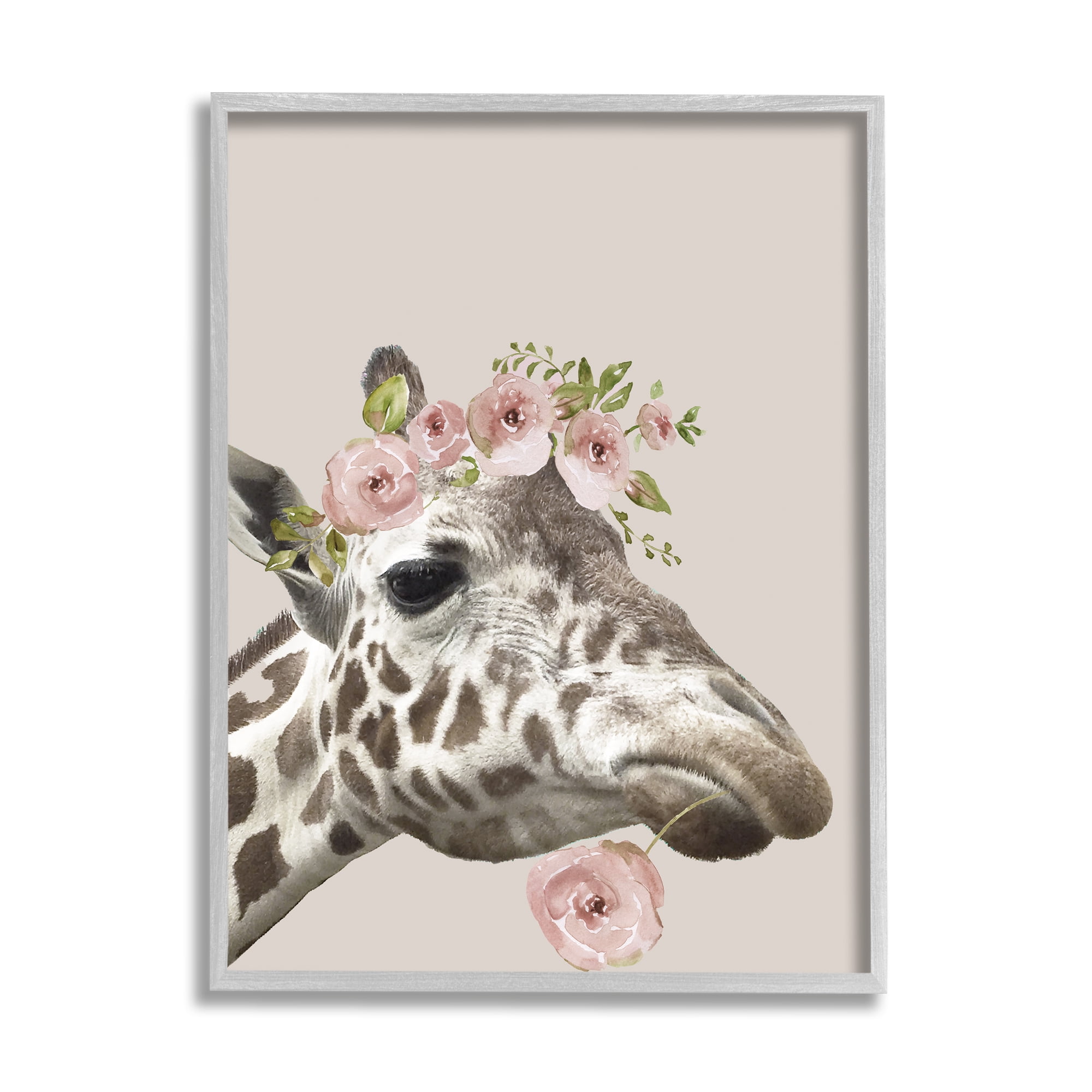 Stupell Industries Giraffe with Rose Crown Animals & Insects Painting Gray Framed Art Print Wall Art, 16 x 20
