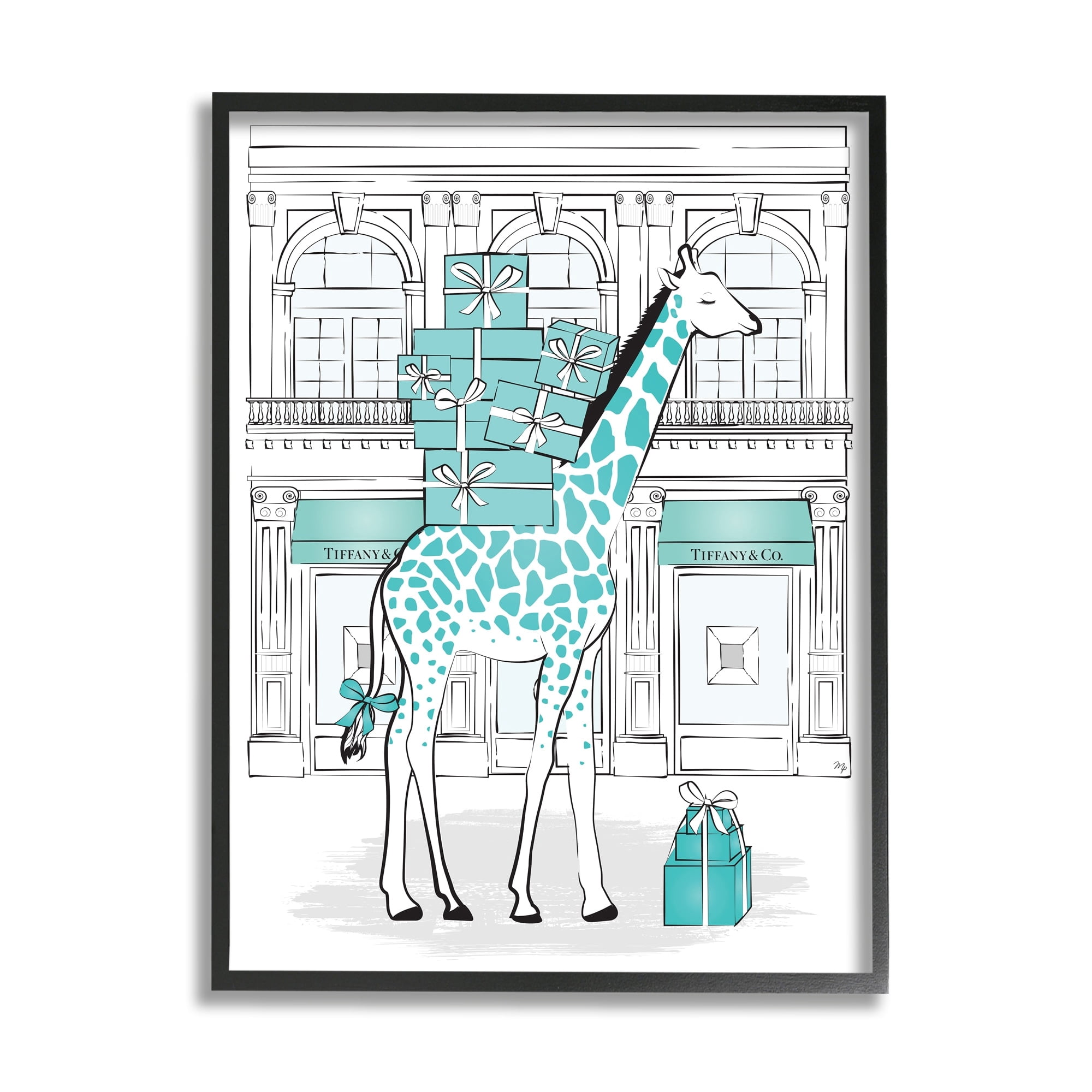 Stupell Industries Giraffe with Stacked Gift Boxes Designer Brand Beauty & Fashion Painting Black Framed Art Print Wall Art, 11 x 14