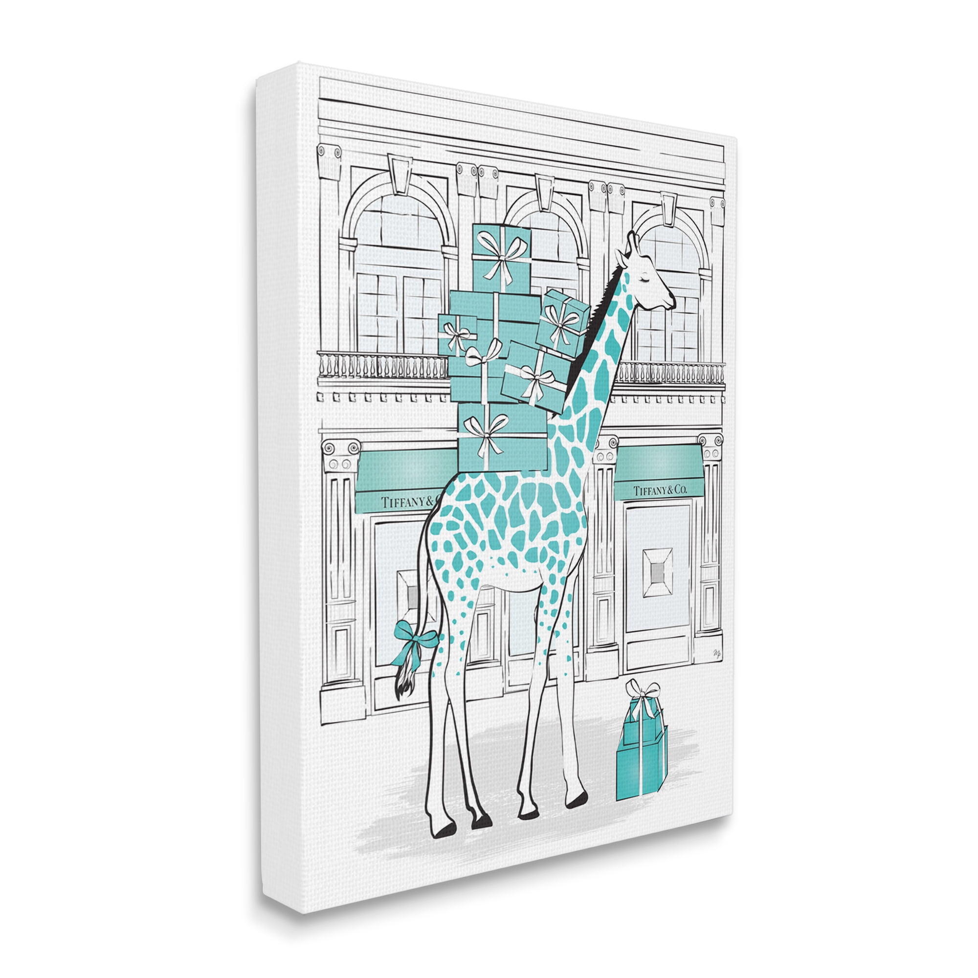 Stupell Industries Giraffe with Stacked Gift Boxes Designer Brand Beauty & Fashion Painting Gallery Wrapped Canvas Art Print Wall Art, 24 x 30