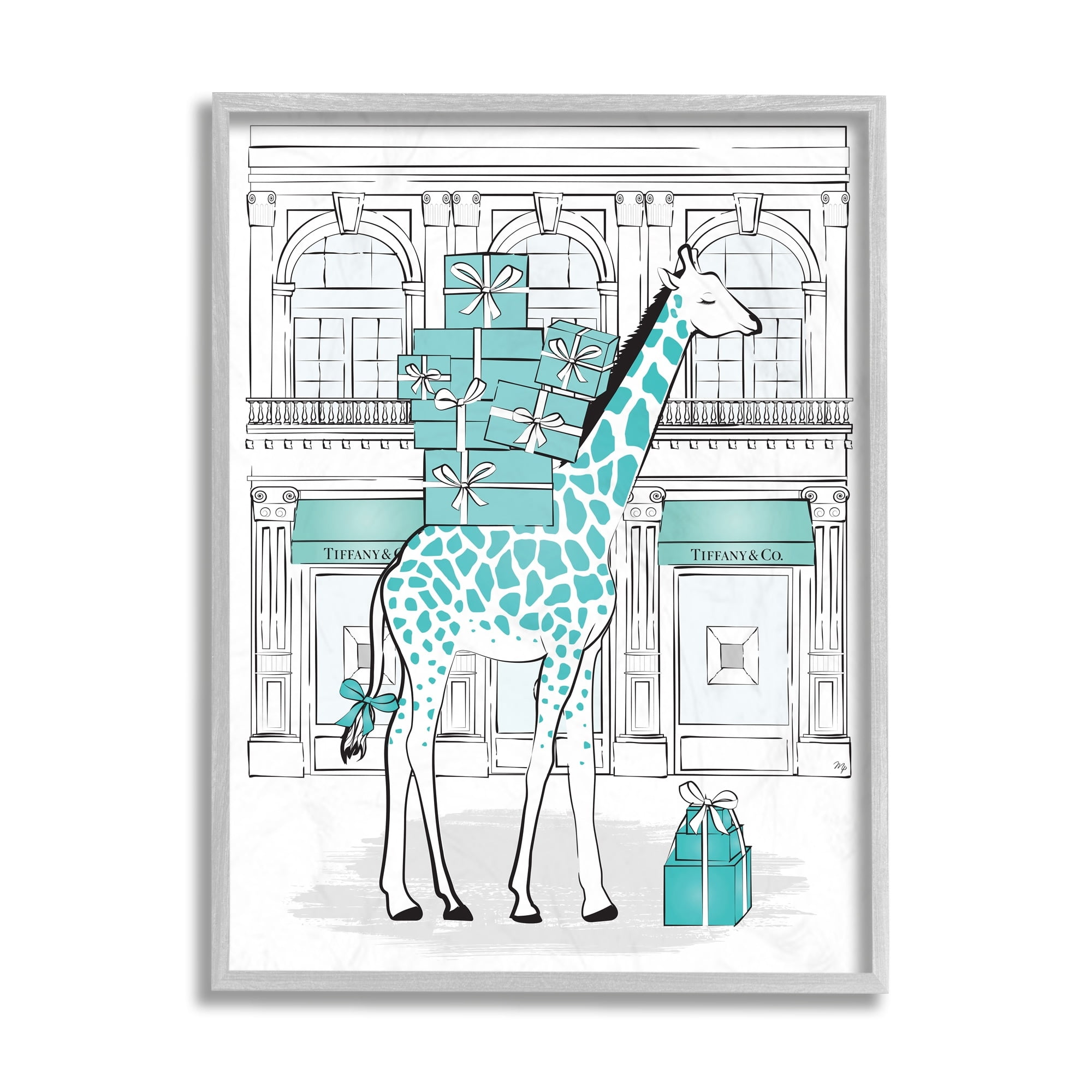 Stupell Industries Giraffe with Stacked Gift Boxes Designer Brand Beauty & Fashion Painting Gray Framed Art Print Wall Art, 16 x 20