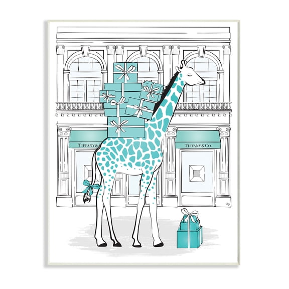 Stupell Industries Giraffe with Stacked Gift Boxes Designer Brand Beauty & Fashion Painting Wall Plaque Art Print Wall Art, 10 x 15