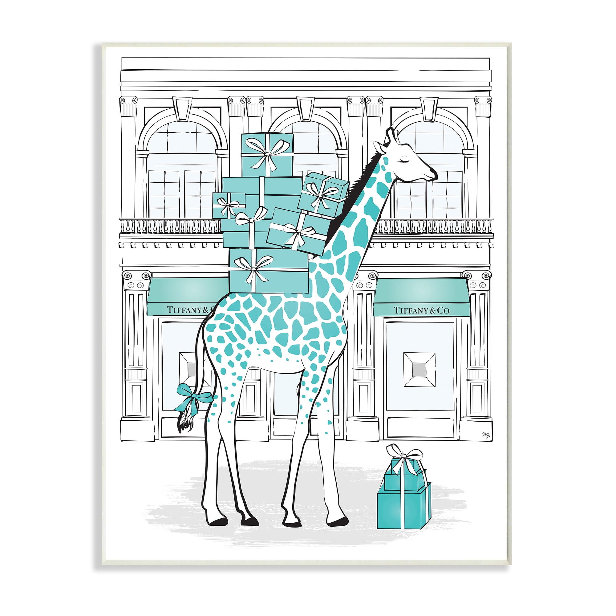 Stupell Industries Giraffe with Stacked Gift Boxes Designer Brand Beauty & Fashion Painting Wall Plaque Art Print Wall Art, 13 x 19