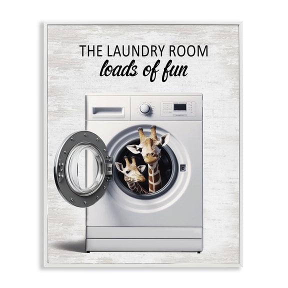 Giraffes & Laundry Load White Framed Giclee Art, 11 x 14, Made In USA