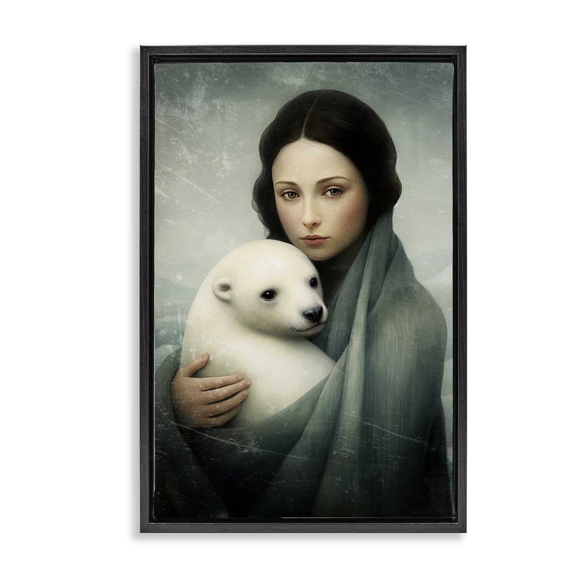 Stupell Industries Girl & Baby Polar Bear People Painting Black Floater Framed Canvas Art Print Wall Art, 17 x 25
