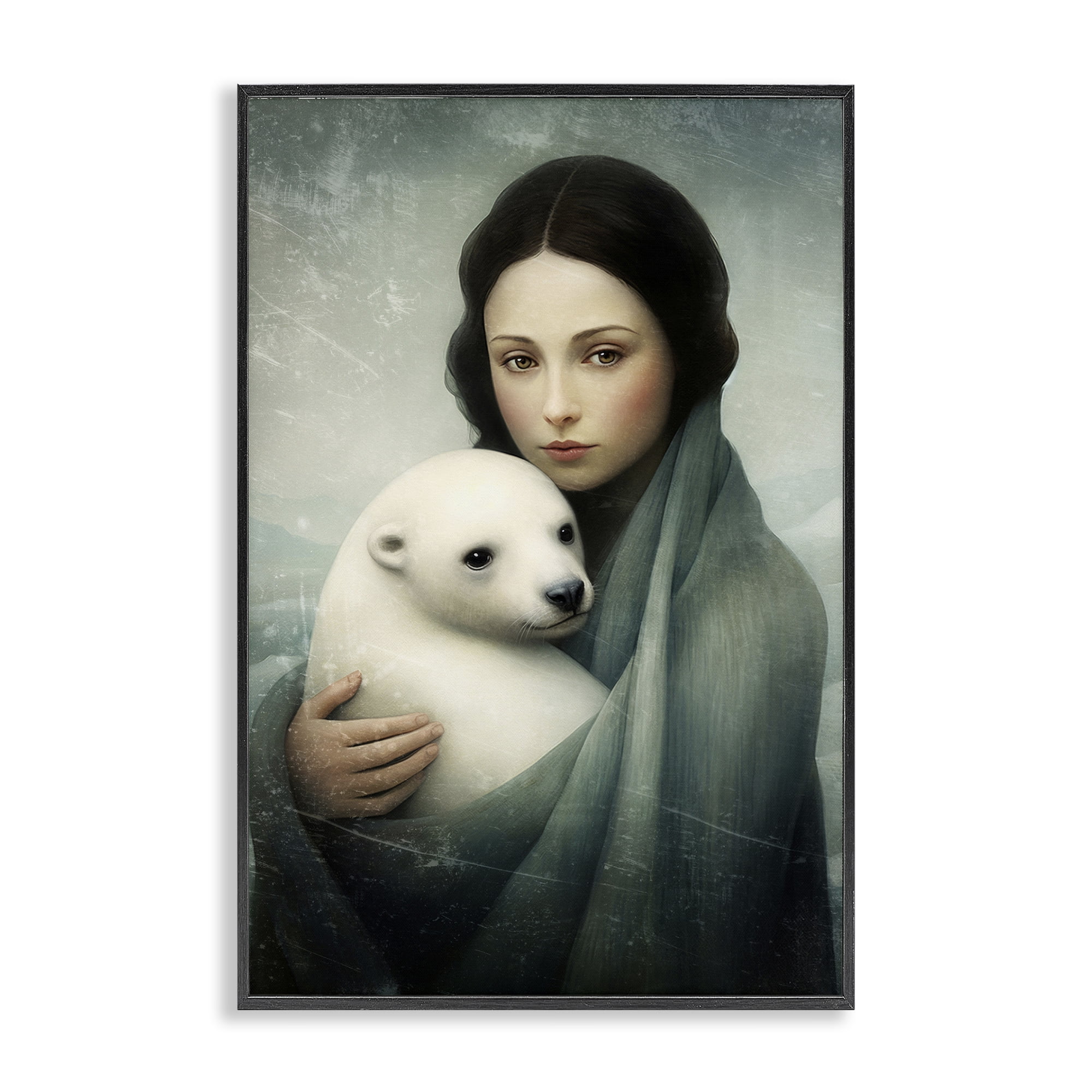 Stupell Industries Girl & Baby Polar Bear People Painting Black Framed Art Print Wall Art, 16 x 24