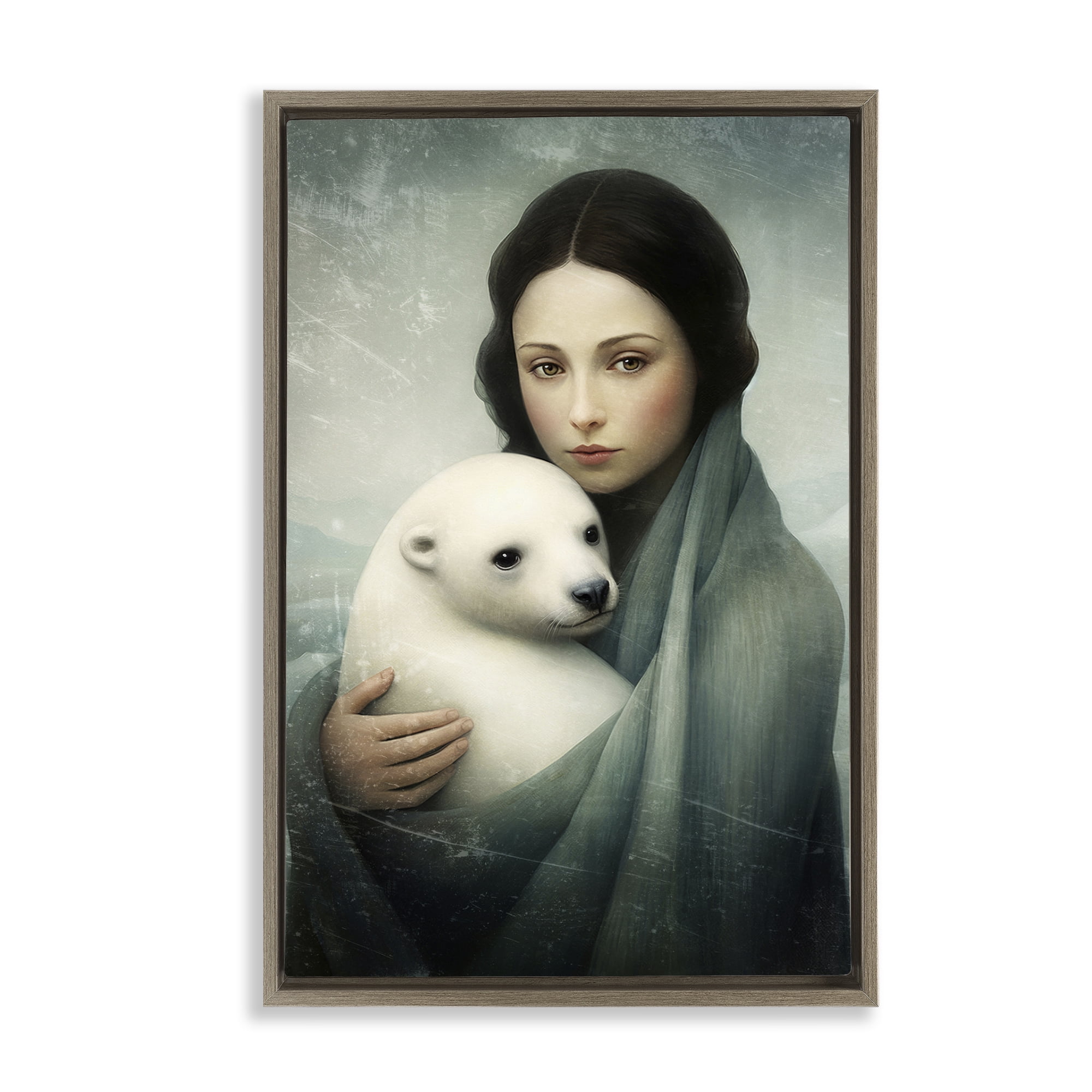 Stupell Industries Girl & Baby Polar Bear People Painting Brown Floater Framed Canvas Art Print Wall Art, 17 x 25