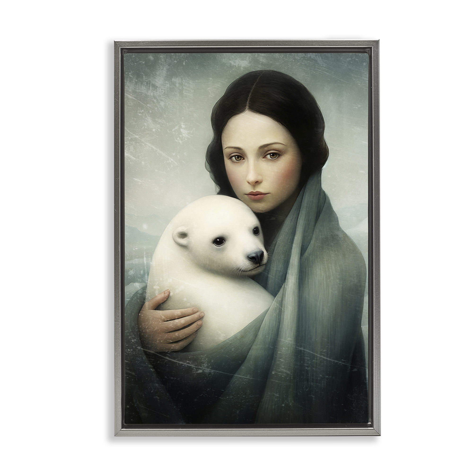 Stupell Industries Girl & Baby Polar Bear People Painting Gray Floater Framed Canvas Art Print Wall Art, 17 x 25