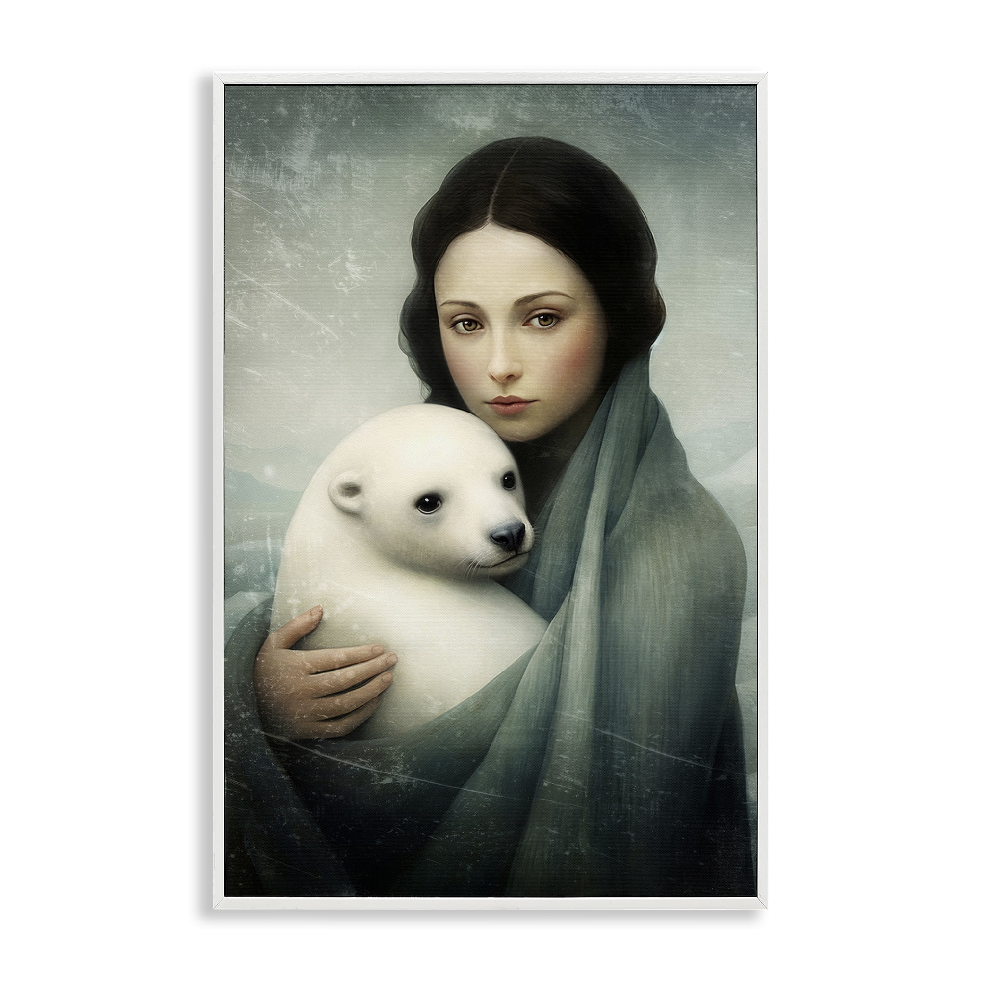 Stupell Industries Girl & Baby Polar Bear People Painting White Framed Art Print Wall Art, 16 x 24