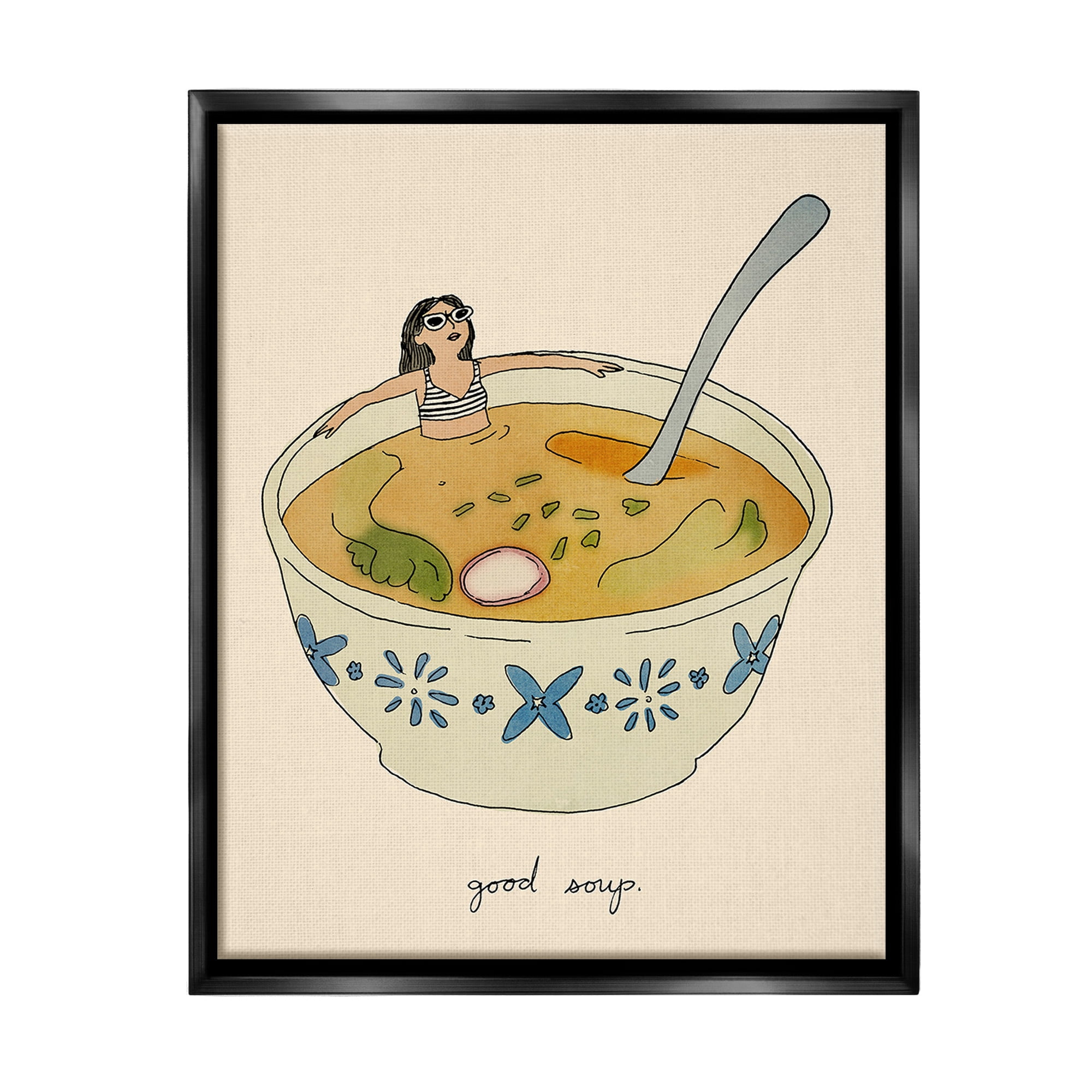 Stupell Industries Girl Bathing in Soup Food & Beverage Painting Black Floater Framed Canvas Art Print Wall Art, 17 x 21