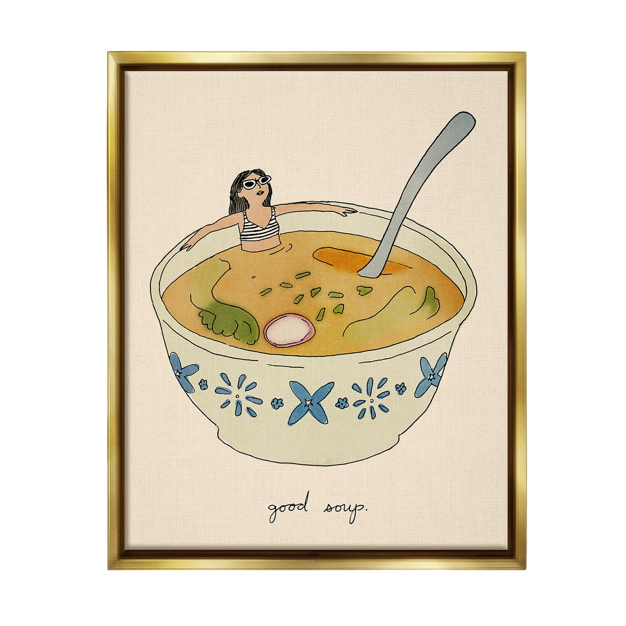 Stupell Industries Girl Bathing in Soup Food & Beverage Painting Gold Floater Framed Canvas Art Print Wall Art, 17 x 21