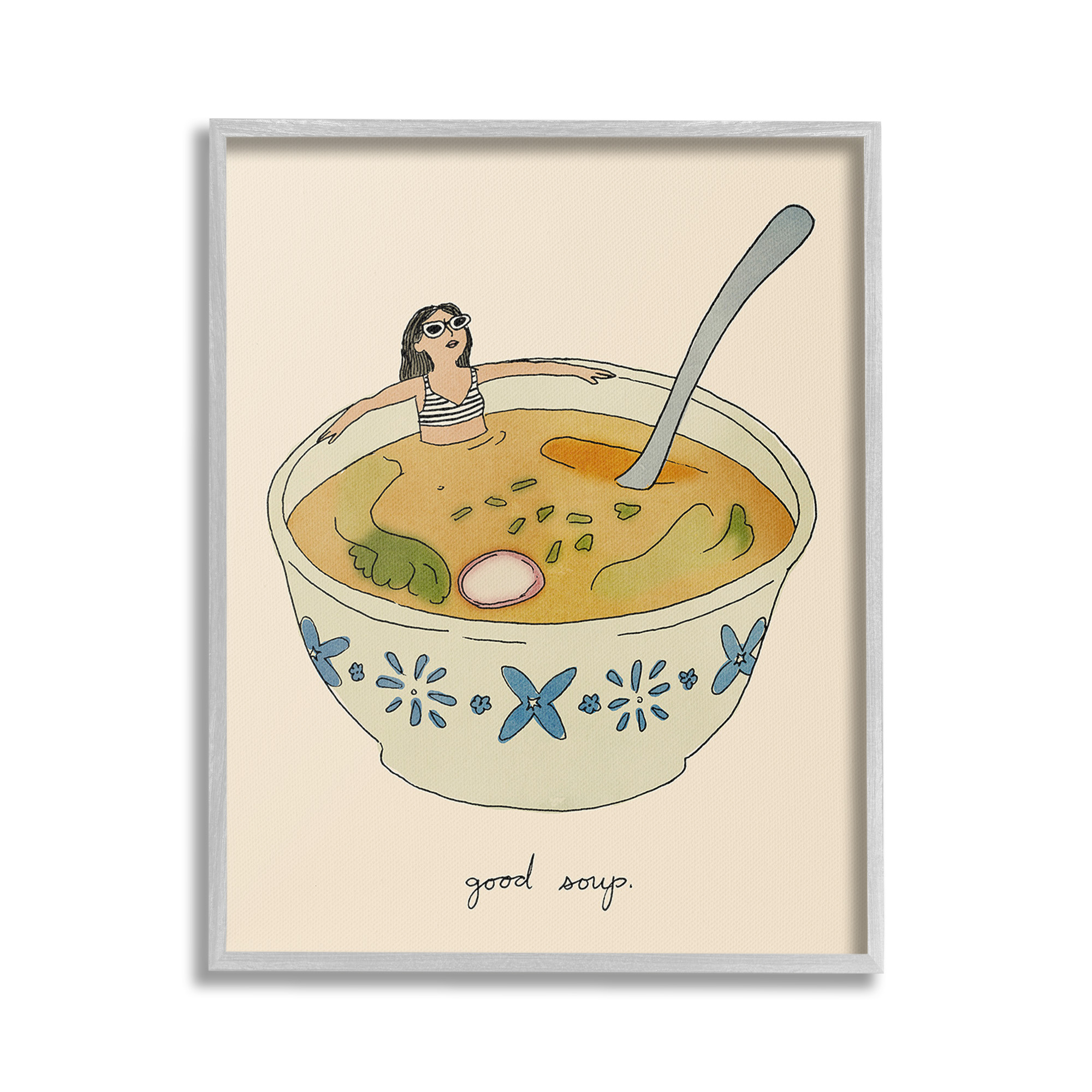 Stupell Industries Girl Bathing in Soup Food & Beverage Painting Gray Framed Art Print Wall Art, 16 x 20