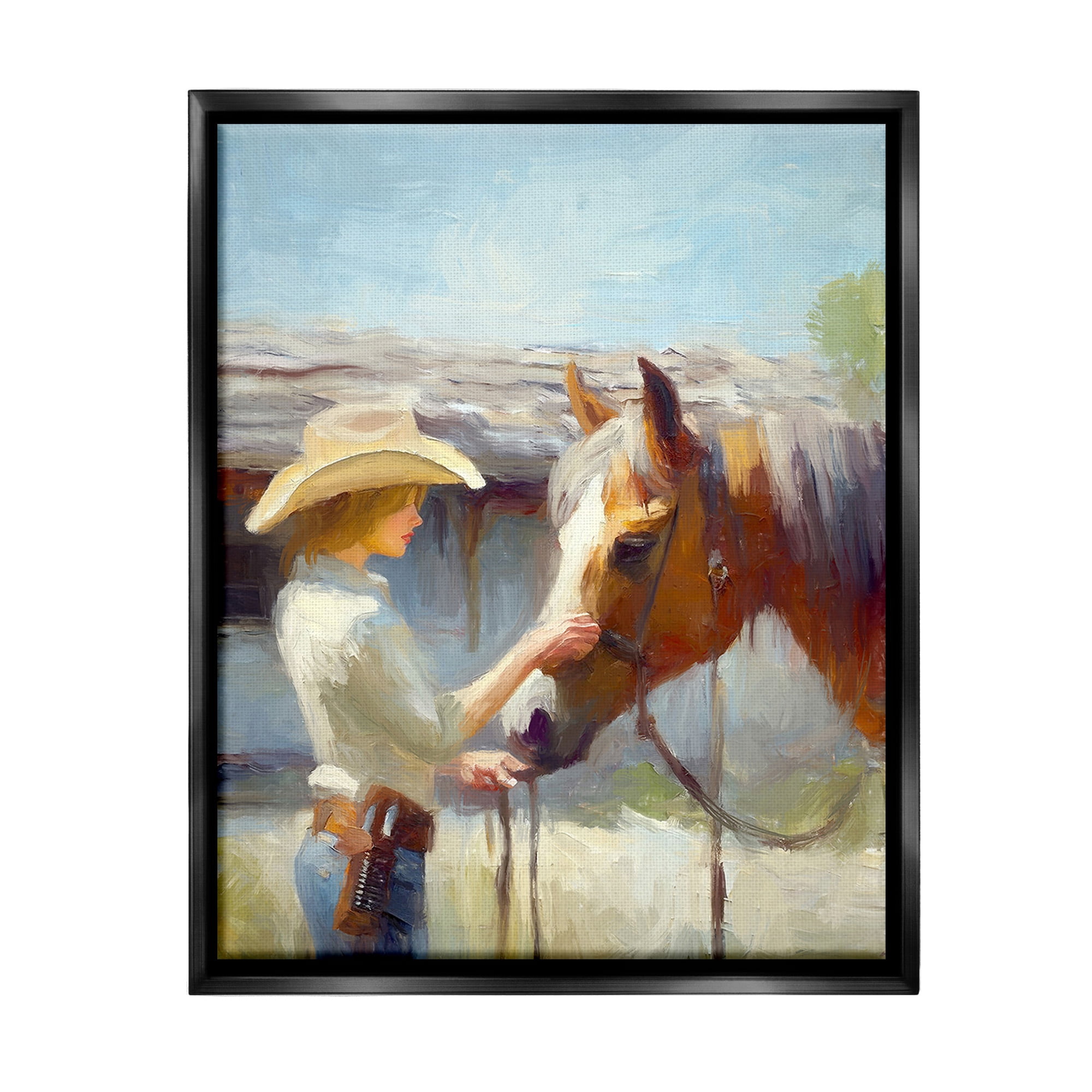 Stupell Industries Girl Caring For Horse Animals & Insects Painting Black Floater Framed Canvas Art Print Wall Art, 25 x 31