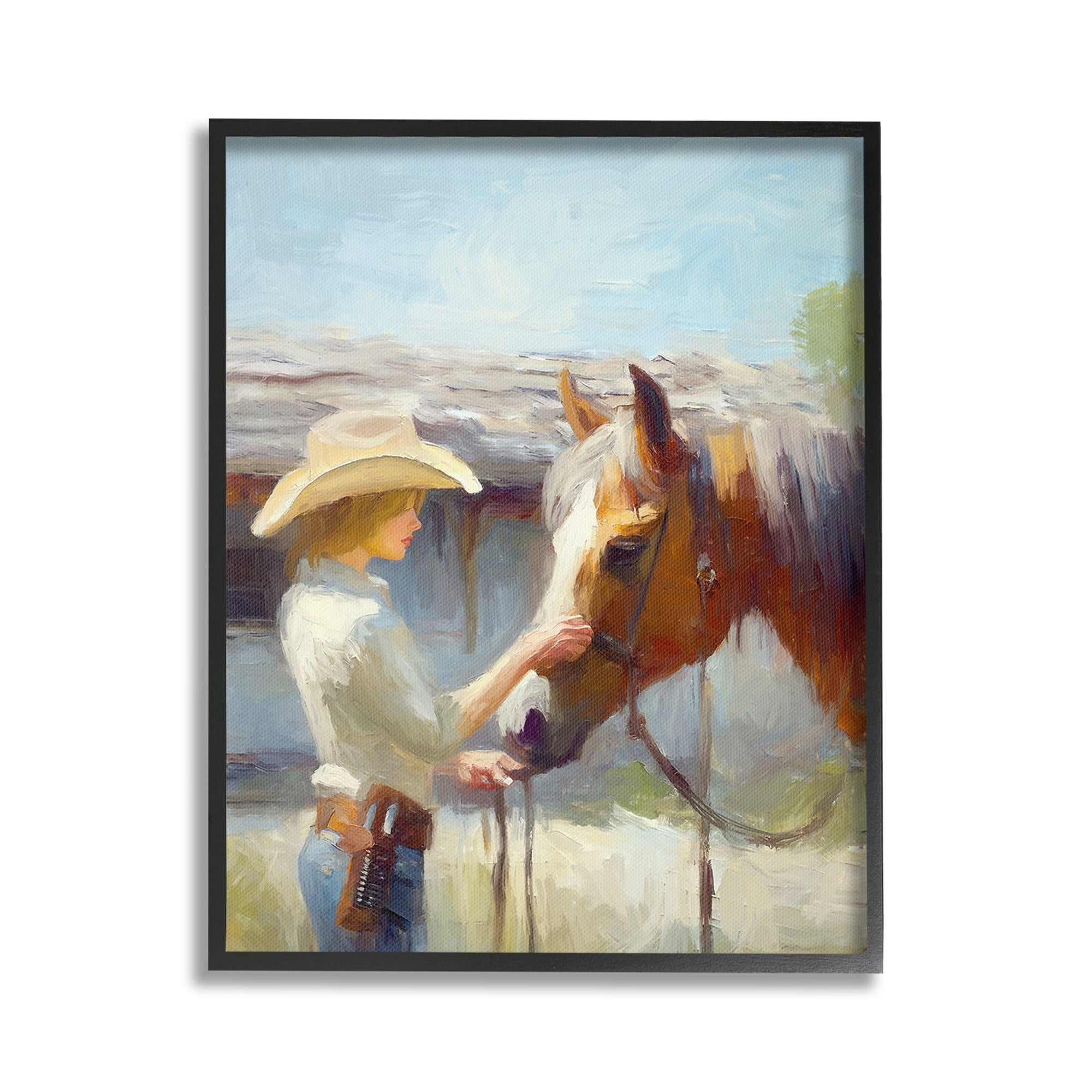 Stupell Industries Girl Caring For Horse Animals & Insects Painting Black Framed Art Print Wall Art, 24 x 30